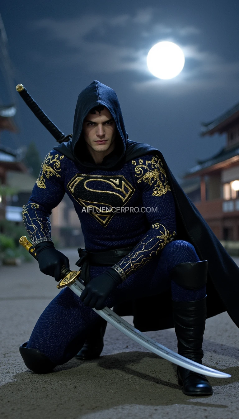 Superman in a ninja appearance, wearing a dark blue costume with intricate golden embroidery inspired by Japanese designs on the arms and chest, featuring his iconic 'S' emblem prominently displayed on the chest in gold. His cape seamlessly integrated into the costume, designed for stealth. Superman is crouched low in a dynamic battle-ready stance, one knee bent deeply while the other leg stretches back for balance. One hand tightly grips a katana sword positioned diagonally, ready to strike, while the other forms a defensive clenched fist. His sharp, focused gaze reflects determination. The background features a traditional Japanese village at night with a full moon glowing brightly and thin mist weaving through the scene, adding an air of mystery and intensity