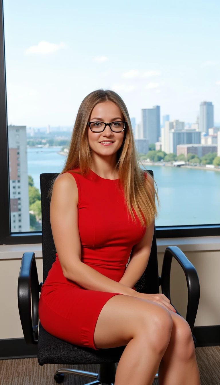 A woman with long blonde hair and glasses sits confidently in an office chair by a large window, showcasing a panoramic view of a cityscape with water and buildings in the background. She wears a form-fitting red dress, adding a touch of elegance to the professional setting. The room has a neutral-toned carpet and simple furnishings, enhancing the focus on the city view and the woman's poised demeanor.