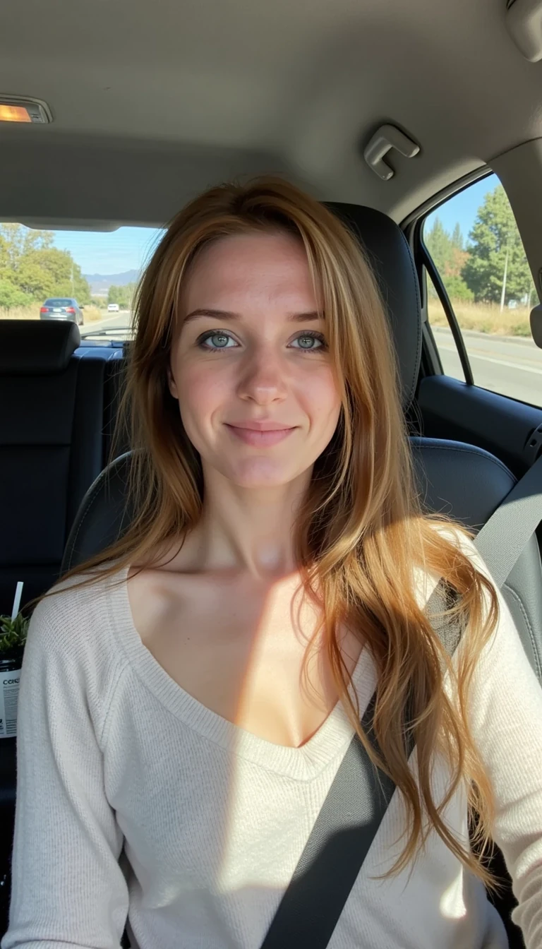 boring low quality snapchat photo circa 2015, A young woman with a warm smile, sitting in the driver's seat of a cozy car. She has soft, wavy brown hair cascading past her shoulders. The sunlight streams through the window, casting a gentle glow on her face. The interior of the car is neat and comfortable, with a coffee cup in the cup holder and a small plant on the dashboard. The background outside the window shows a scenic road lined with trees and blue skies.  Show cleavage
