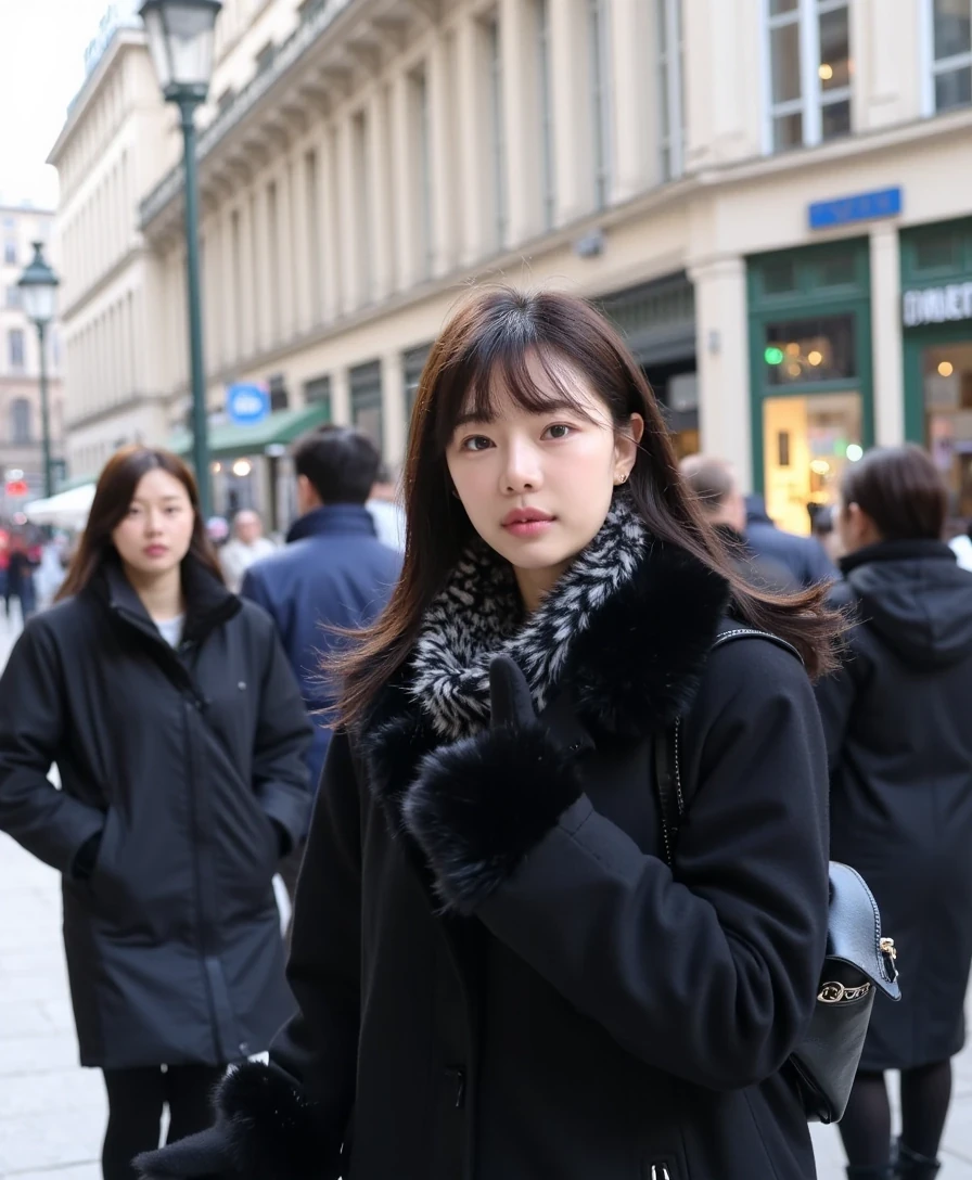boring, medium shot on an iphone 16 pro. A young Korean woman walking down Avenue Montaigne in Paris, dressed warmly yet stylishly. cloudy weather, overcast cold weather. She wears a luxurious black coat, perhaps made of wool or cashmere, paired with a chic scarf and gloves. Parisian architecture and the sunlight reflect the glamour of the scene. medium shot on an iphone 16 pro. cloudy weather, overcast cold weather.