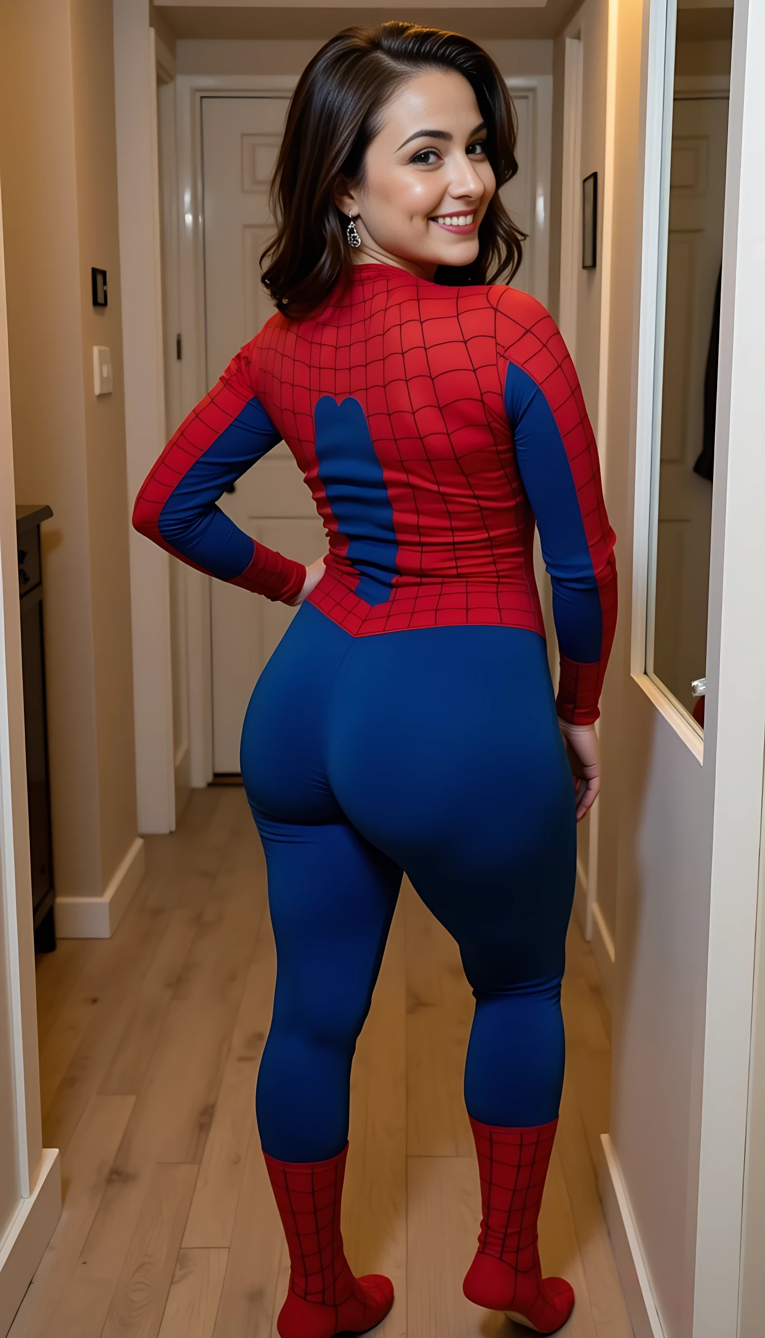 photo of woman CSTMDL,  in a spiderman onsie , showing her voluptuous booty and her ass to the camera, turning and smiling at camera , make sure her boobs are also the same as my CSTMDL and showing in the picture 

Make sure not the change the body of my CSTMDL