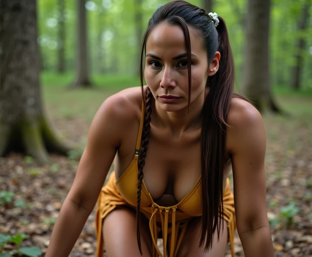 A medium shot photo of woman CSTMDL, a 25-year-old native American woman. The woman who is Native American in appearance has light tan skin tone, she is tall with a petite slender skinny build, petite small boobs, flat chest, her nipples are small petite and dark skinned with long hard pointy nipple ducts that visiblly poke through her bra. She is wearing her hair in a native American style with 2 long braids, She is wearing a sexy native American leather outfit in a golden yellow color, tied up to a tree in a wooded area she is bent over on all fours on the ground, she is tied up to a tree, She is maintaining intense eye contact with the camera staring stoically without any other expression at all. The composition captures a casual, candid moment, romantic setting, Hyper realism, captured with a nikon d850, 16k, uhd, ultra-sharp focus, depth of field, perfect meshes and textures, highly detailed, highly accurate reflections, volumetric fog, volumetric lighting, volumetric light, hdr, ray tracing, cinematic shooting style, her whole body is in the frame, 