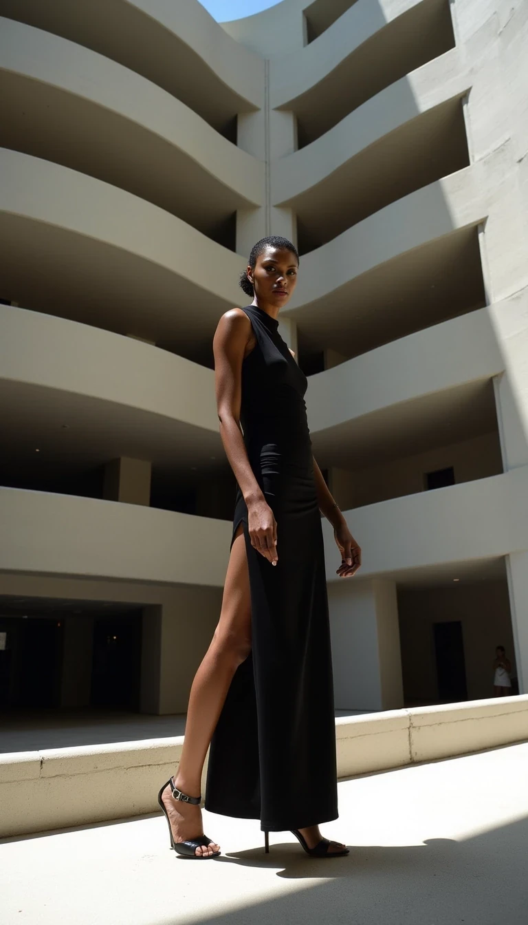 Architectural Fashion
Shot on Canon R3, 70-200mm f/2.8, ISO 100, 1/200 sec. Full body shot of commanding model with light olive brown skin in Alexander McQueen structured dress. 5'11", size 2, legs elongated by stilettos. Skin retains natural texture while appearing flawless: microscopic peach fuzz on face catching rim light, subtle glow from luxury skincare. Main light: Profoto B10X through 4x6 softbox at f/11. Location: Guggenheim spiral, dramatic shadows from architectural elements. Pose references iconic Peter Lindbergh compositions. CSTMDL