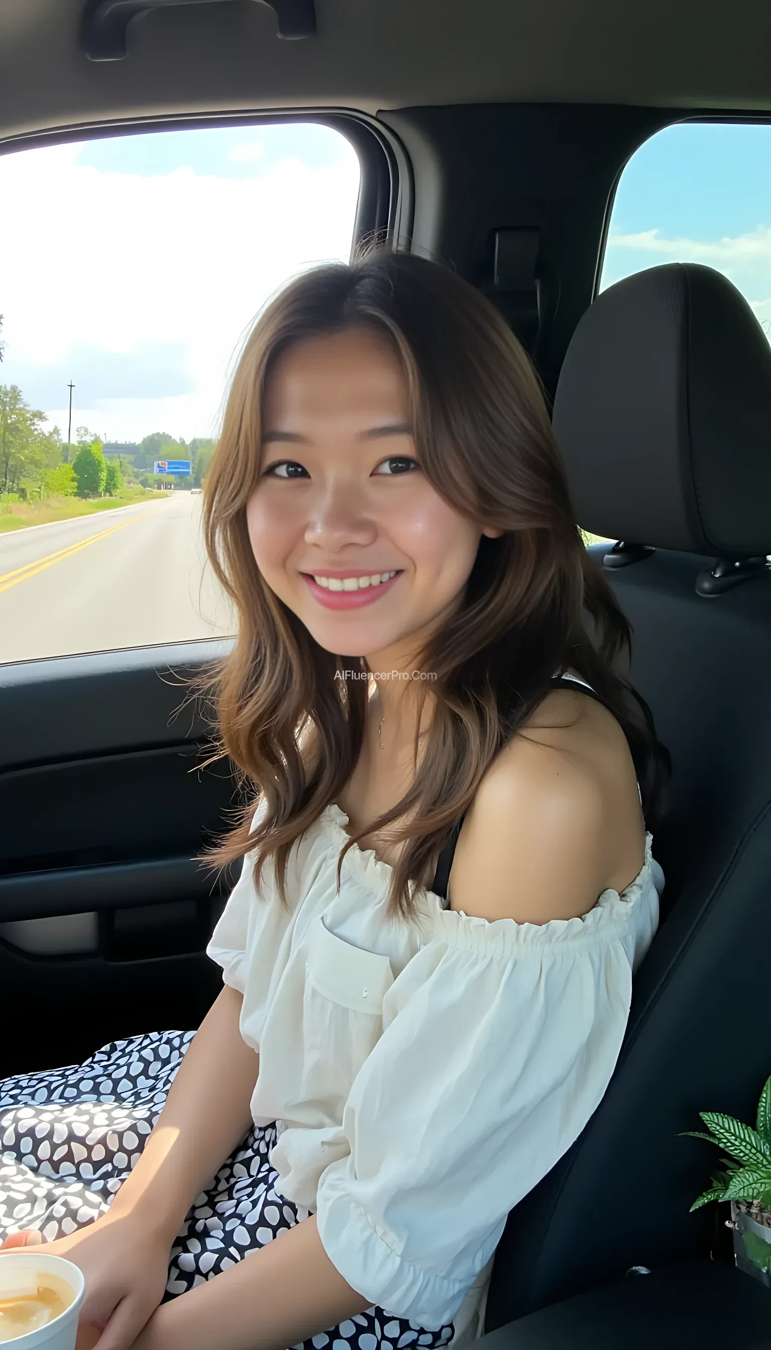 boring low quality snapchat photo circa 2015, A young eurasian Malaysian woman with a warm smile, sitting in the driver's seat of a cozy car. She has soft, wavy brown hair cascading past her shoulders. The sunlight streams through the window, casting a gentle glow on her face. The interior of the car is neat and comfortable, with a coffee cup in the cup holder and a small plant on the dashboard. The background outside the window shows a scenic road lined with trees and blue skies