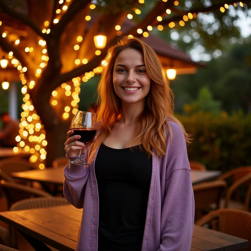 A full body shot photo of a woman standing outdoors at a cozy, warmly lit patio in the evening, with soft, glowing lights wrapped around a tree behind them creating a charming atmosphere. The image is rich in detail, with warm tones and clear textures throughout. The woman has fair skin, a slim build, and long reddish-blonde hair, also worn loose. She is smiling warmly at the camera, holding a glass of red wine in her right hand, and wears a soft-textured lavender cardigan over a black top. The background features a large tree with sparkling string lights wrapped around its trunk and branches, adding a magical touch to the scene. The setting suggests a private outdoor seating area, with elements like terracotta-tiled roofing, greenery, and rattan chairs contributing to a serene, inviting vibe. The overall composition is balanced, with the woman framed against the softly glowing tree, and the lighting enhances the warm, intimate feel of a quiet evening shared among friends. The details are vivid, with textures of clothing, skin, and background elements clearly visible, while the warm lighting creates a relaxed and joyful mood