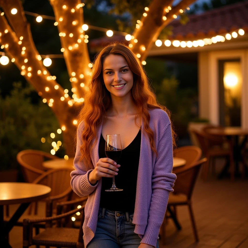 A full body shot photo of a woman standing outdoors at a cozy, warmly lit patio in the evening, with soft, glowing lights wrapped around a tree behind them creating a charming atmosphere. The image is rich in detail, with warm tones and clear textures throughout. The woman has fair skin, a slim build, and long reddish-blonde hair, also worn loose. She is smiling warmly at the camera, holding a glass of red wine in her right hand, and wears a soft-textured lavender cardigan over a black top. The background features a large tree with sparkling string lights wrapped around its trunk and branches, adding a magical touch to the scene. The setting suggests a private outdoor seating area, with elements like terracotta-tiled roofing, greenery, and rattan chairs contributing to a serene, inviting vibe. The overall composition is balanced, with the woman framed against the softly glowing tree, and the lighting enhances the warm, intimate feel of a quiet evening shared among friends. The details are vivid, with textures of clothing, skin, and background elements clearly visible, while the warm lighting creates a relaxed and joyful mood