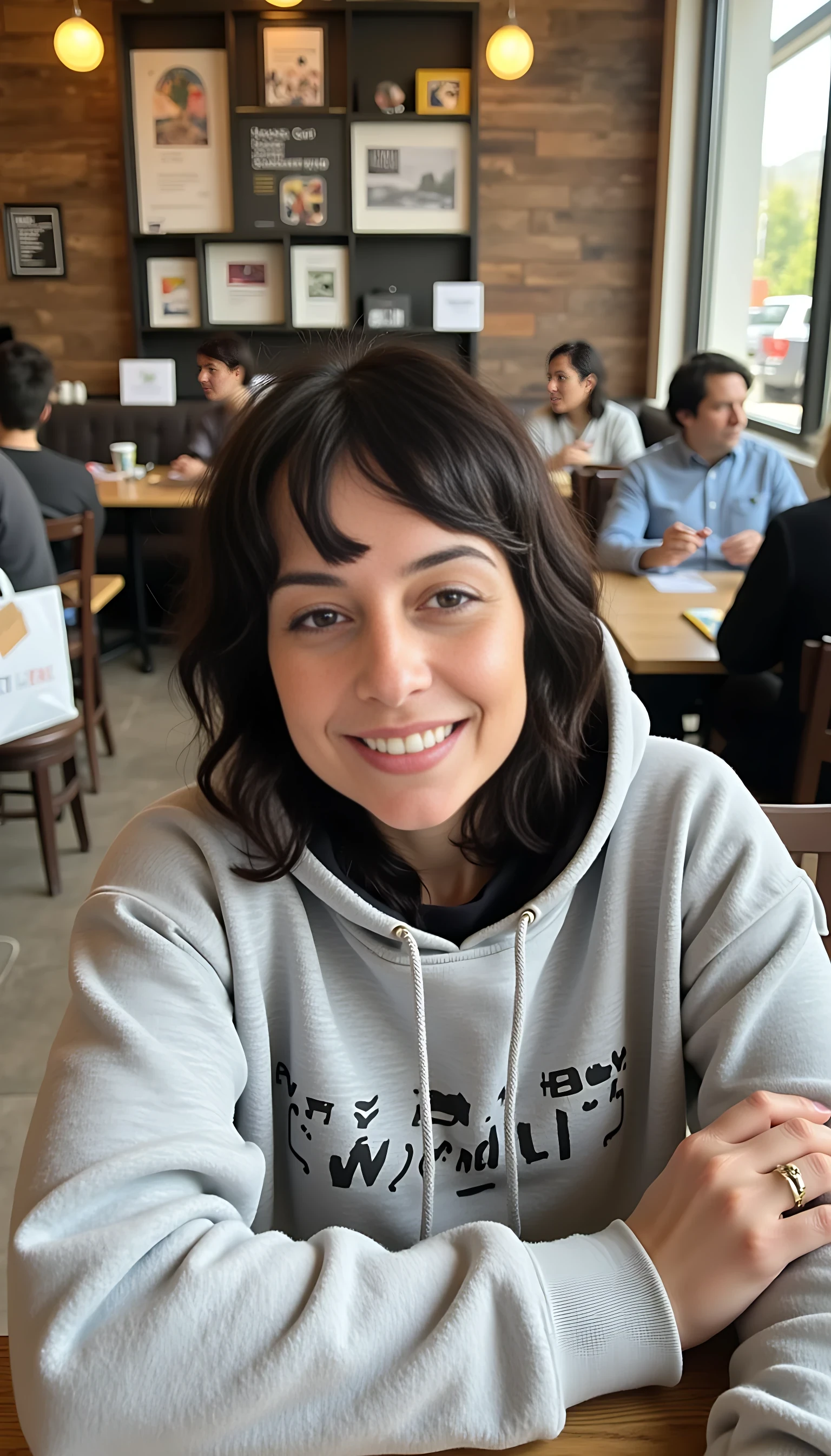 iphone portrait of CSTMDL woman younger Bob length hair hair makeup bangs cute smile brown eyes and sitting in cafe holding phone in busy restaurant wearing hoodie says “wizard”  mountains background shopping bags 