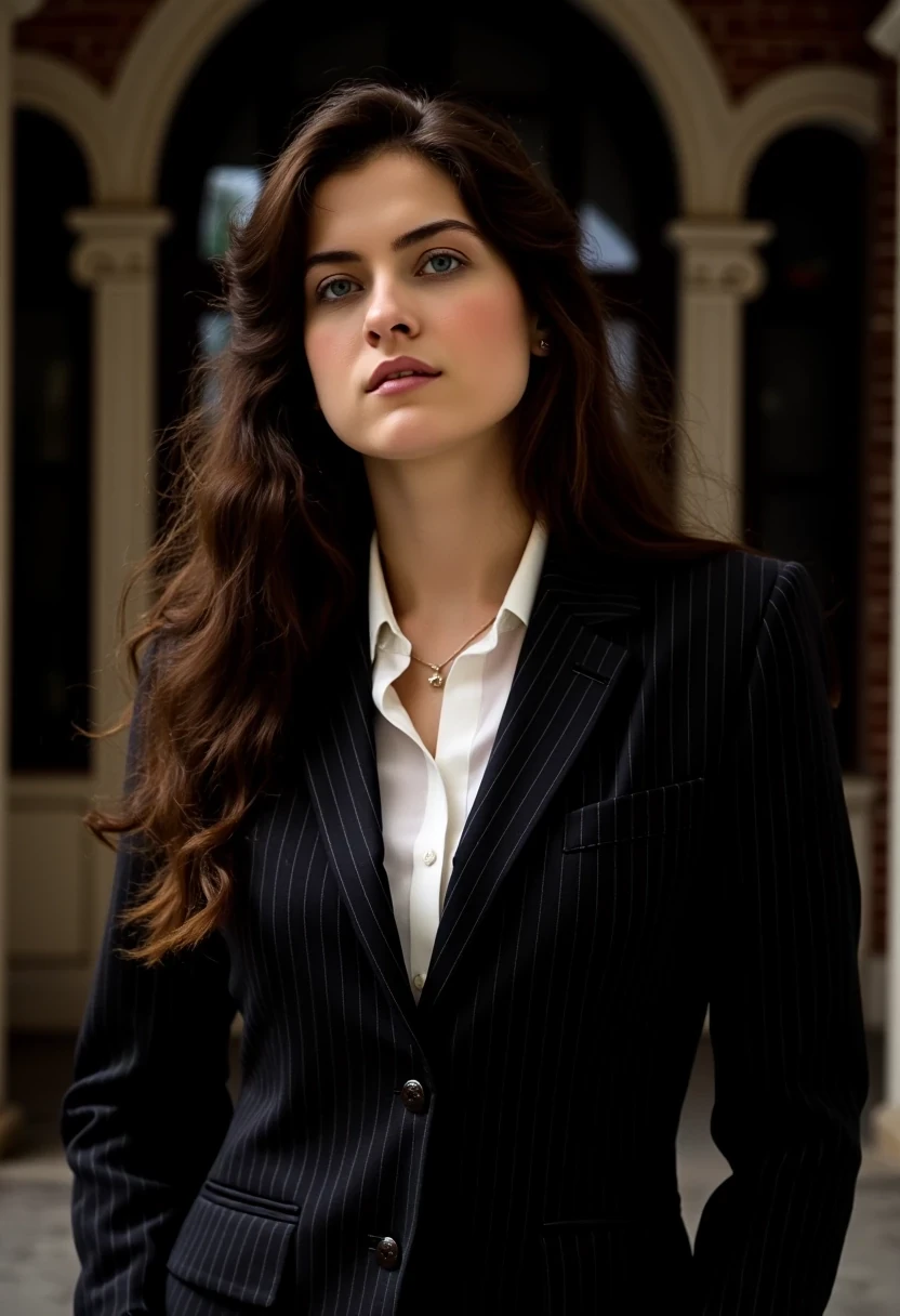 Woman CSTMDL, brunette, blue eyes, her hair are loose, she’s beautiful with a cold smile, wearing a tailored black pinstripe blazer featuring small buttons. 
She wears a white shirt, under her blazer. Her skirt is black, haute couture, and stops just up her knees. It’s an elegant outfit modern, professional but very sexy. Her expression is haughty and contemptuous. She looks like someone cold and unfriendly. Her skin tone is very white, (pallid), almost cadaveric. She’s wearing a small pendant.
The background is a small deserted Parisian alley by night. The light is very low, making the scene a bit worrying and frightening.