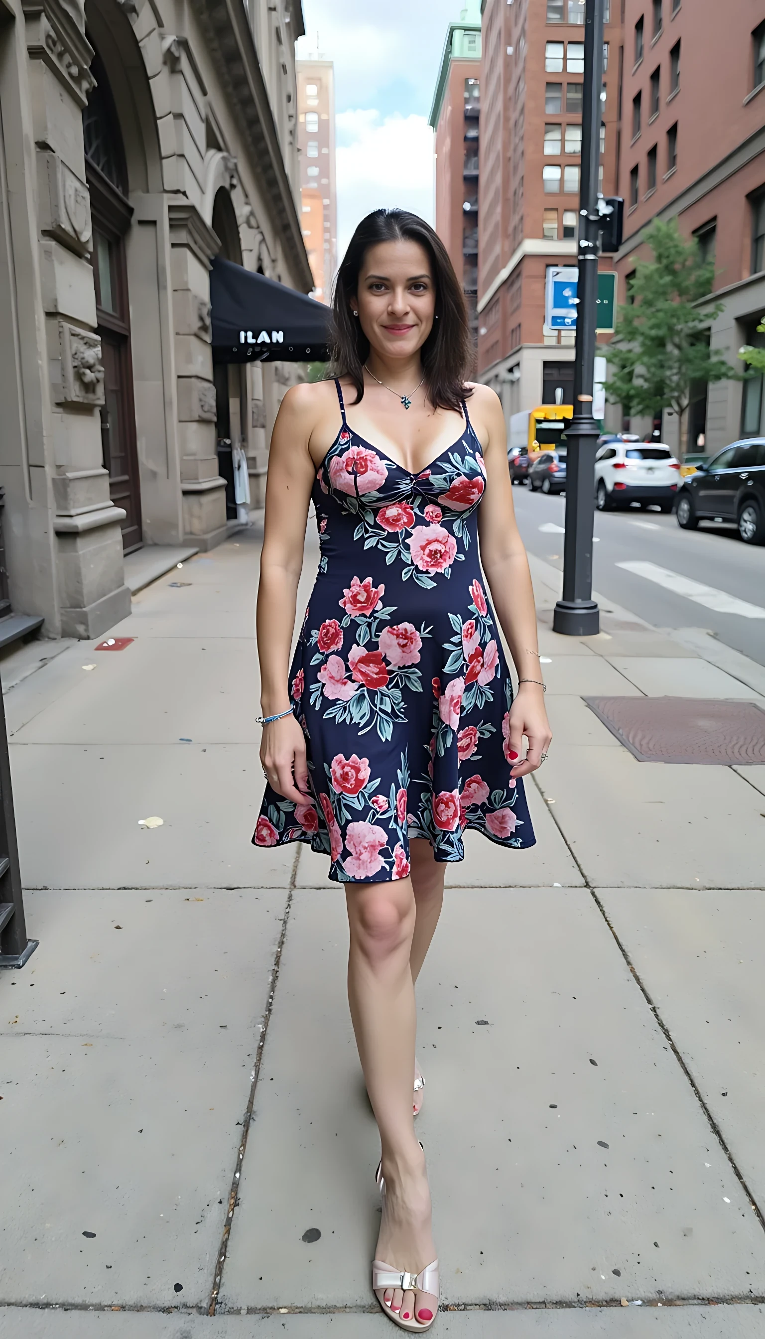 photo of brunette CSTMDL small saggy tits and chubby body,she is cute and smiling walking on streets of new york wearing summer dress. side view not looking at camera, she is looking up. 