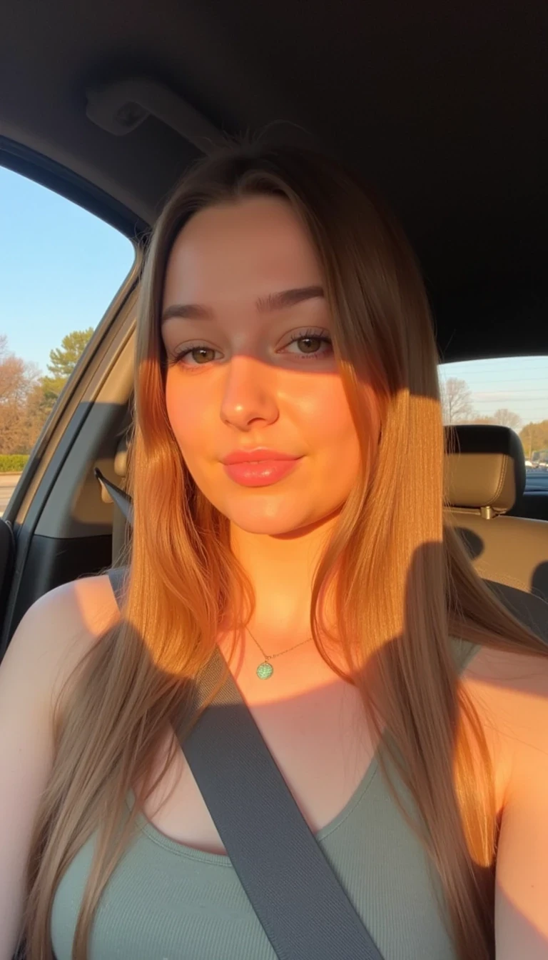 boring low quality snapchat photo circa 2015, cute girl, soft light brown hair, selfie in a car, The light from the setting sun gives a soft orange glow across her face and upper body, casting long shadows