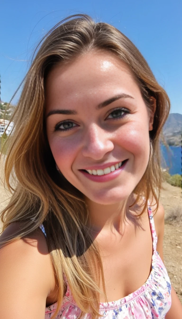 boring low quality snapchat photo circa 2015, A young woman with a warm smile, as she smiles her dimples pop out making her look amazing, pretty blue eyes, while on a trip in Greece with the sun shining on her and wearing a pretty dress