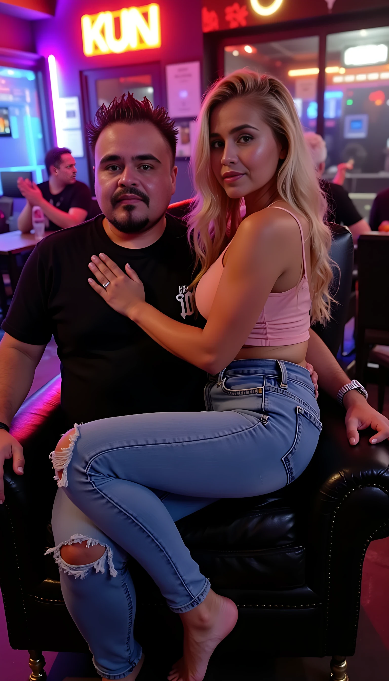 Man full average body seating on a king chair with a beautiful blonde woman with blue eyes wearing sexy jeans seating on his lab with a night club background 