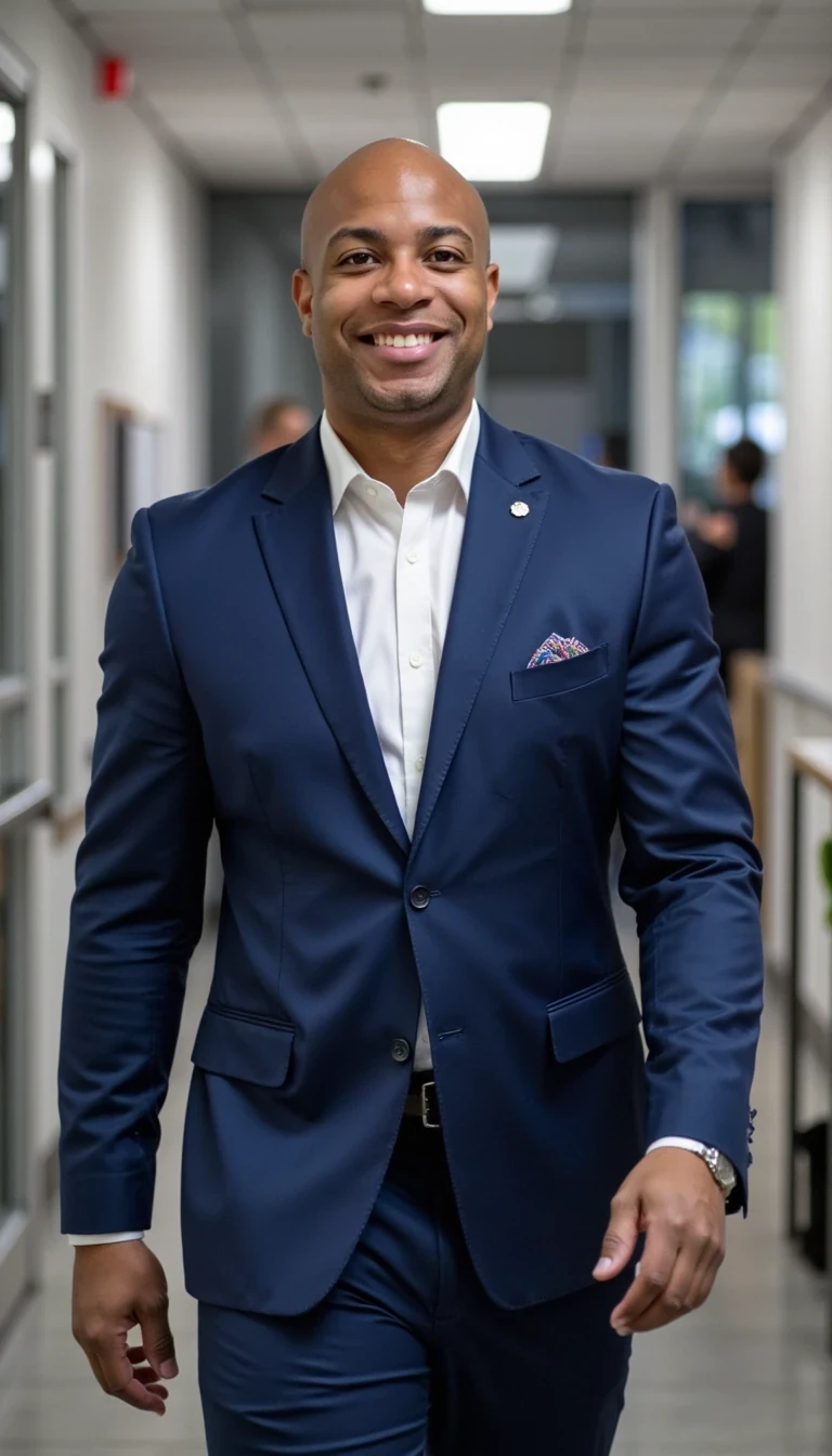 Magazine shoot, blue suit and white collared shirt, walking through office, Investment banking,  smiling and same face of Carter with bald head, real look, cstmdl