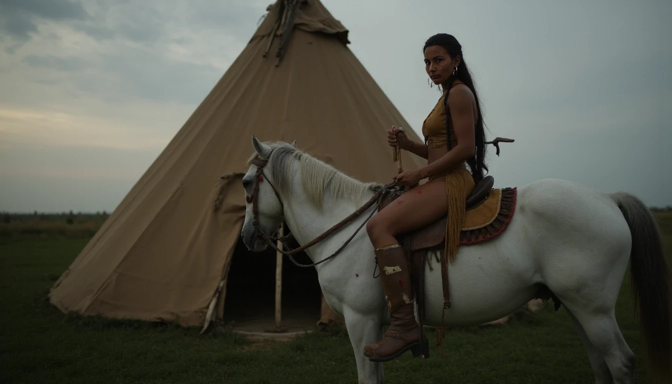 Medium shot photo of a 25-year-old slim athletic Native American woman warrior with small petite A cup breasts, wearing native American Regalia, posing stoically in front of a round native American plains style tipi. Set under dim natural sunrise light. The sun has barely begun to peek over the horizon. The image has a dull color palette, with the greenery of the ground around the tipi being dark green and browns cast with shadows and dull gray sky meets the sunrise on the horizon enhancing the moody atmosphere. The woman, who is Native American in appearance, has a slim athletic build and petite tiny breasts. She is wearing a traditional smoked hide native American Regalia outfit, it resembles a hard bone material bra and smoked hide leather panties, it is golden smoked hide brown in color. She is wearing bone and leather vambraces on her forearms and leather wraps around her shins. You can still see her entire leather bra and panties. She is wearing smoked hide moccasins on her feet. Her hair is Native American styled with 2 long braids. She is riding a top of a native American warhorse with the reins gripped in one hand and a tomahawk in the other. The horse is adorned in traditional native American warhorse garb. The horse is tall and white, with spots ofbred warpaint. She has a primitive archery bow and a bundle of arrows in a native American style quiver on her back. The woman is looking directly at the camera stoically without any other expression. She has red warpaint on her body and face. There is no explicit nudity visible. Cinematic shooting style. Romantic setting