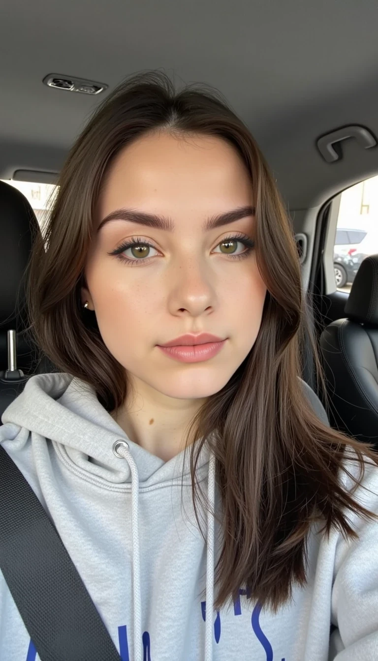 CSTMDL, A pretty brunette with smooth straight hair takes a selfie in a car, wearing a casual hoodie and light makeup. The picture feels spontaneous, like a TikTok moment, realistic and unfiltered style.
