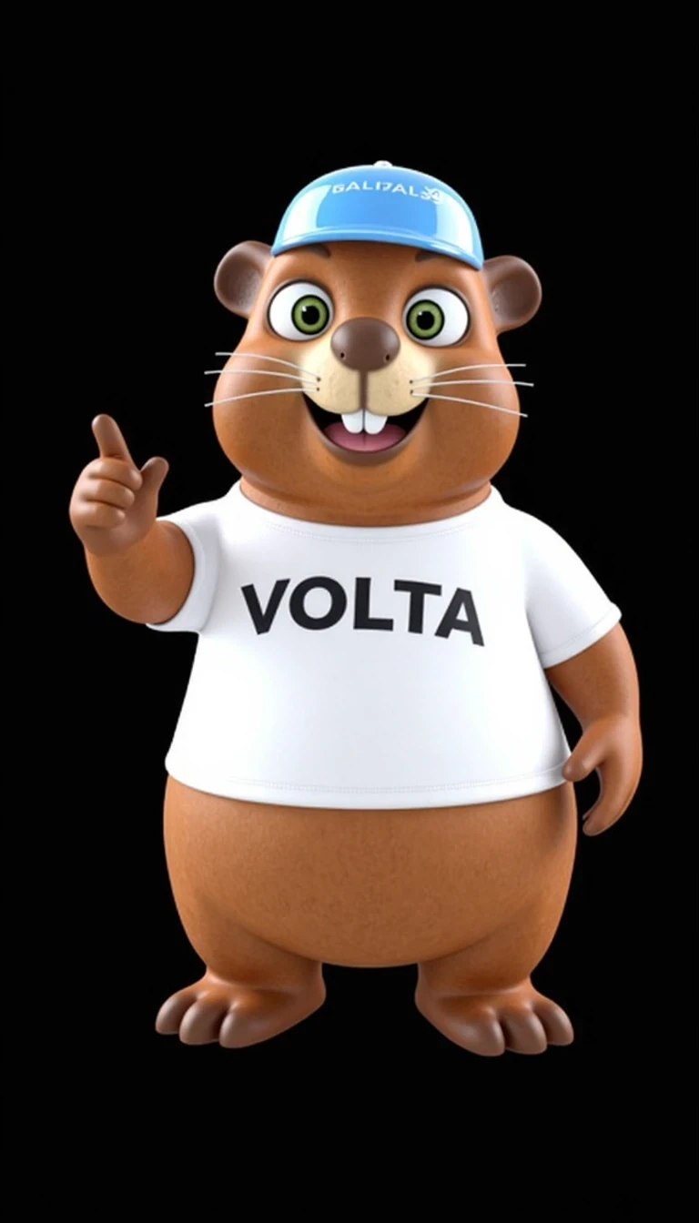 Selfie of of  CSTMDL, A cheerful, cartoon-style beaver character. The beaver has a plump, rounded body, covered in a rich, brown fur texture that highlights its friendly appearance. The beaver has a clean, high-definition face. Its cheeks are oval and chubby. The beaver has his eyes wide open. The large, expressive eyes are framed by short whiskers, enhancing its animated personality. The height of beaver is approximately 70 centimeters.

Sharp focus on facial features, High dynamic range, 80mm lens look

It wears a crisp white t-shirt emblazoned with the logo 'VOLTA' in bold letters, suggesting an energetic and playful branding. On its head, it sports a light blue baseball cap. The beaver's stance is dynamic, with one paw raised in an inviting gesture, suggesting friendliness and approachability. The lighting is focused and bright, casting soft shadows that emphasize the character's form, enhancing the three-dimensional feel. The overall composition is centered, allowing the character to be the focal point, while the simplicity of the black background ensures there are no distractions, maintaining the viewer's attention on the beaver itself. The beaver is pointing to the left. His entire body is turned in the direction of the finger. But his eyes are focused directly on the camera.