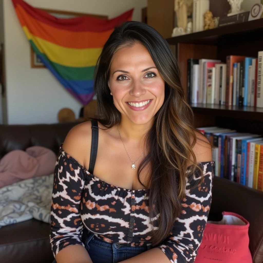 confident, emotionally intelligent, mid-30s, stylish, big firm breasts, 
warm smile, expressive eyes, inclusive fashion (gender-fluid appeal). Background: cozy boho living space with multiple love-related books and pride flag decor