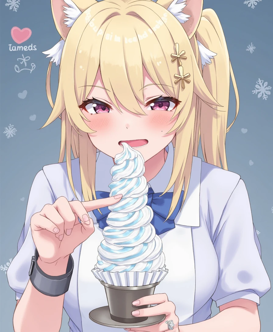 Luna, ice blonde hair, licking whipped cream or frosting off her finger with a sly expression