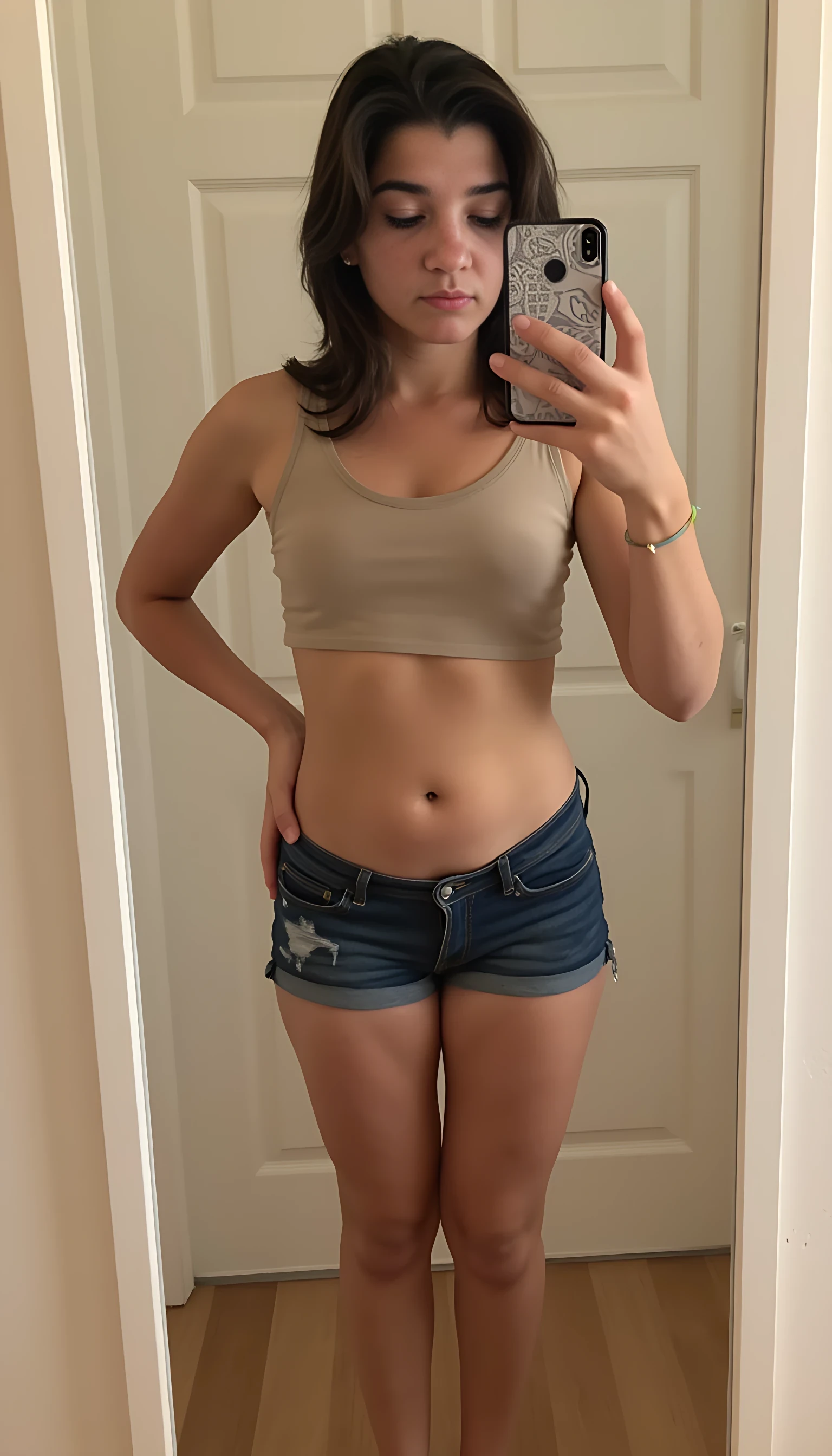 boring low quality snapchat photo circa 2015, A young woman with a thin body , wide hips and big thighs. Wearing unbuttoned Jean shorts and crop top,Taking a selfie of her body in mirror