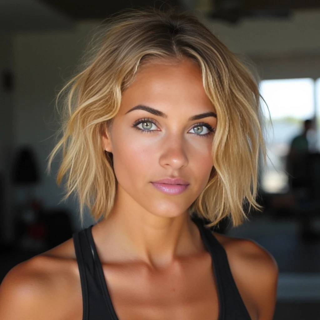 Portraits of a young woman in her late twenties with short blonde wavy hair and green eyes. Athletic, toned and tanned. 