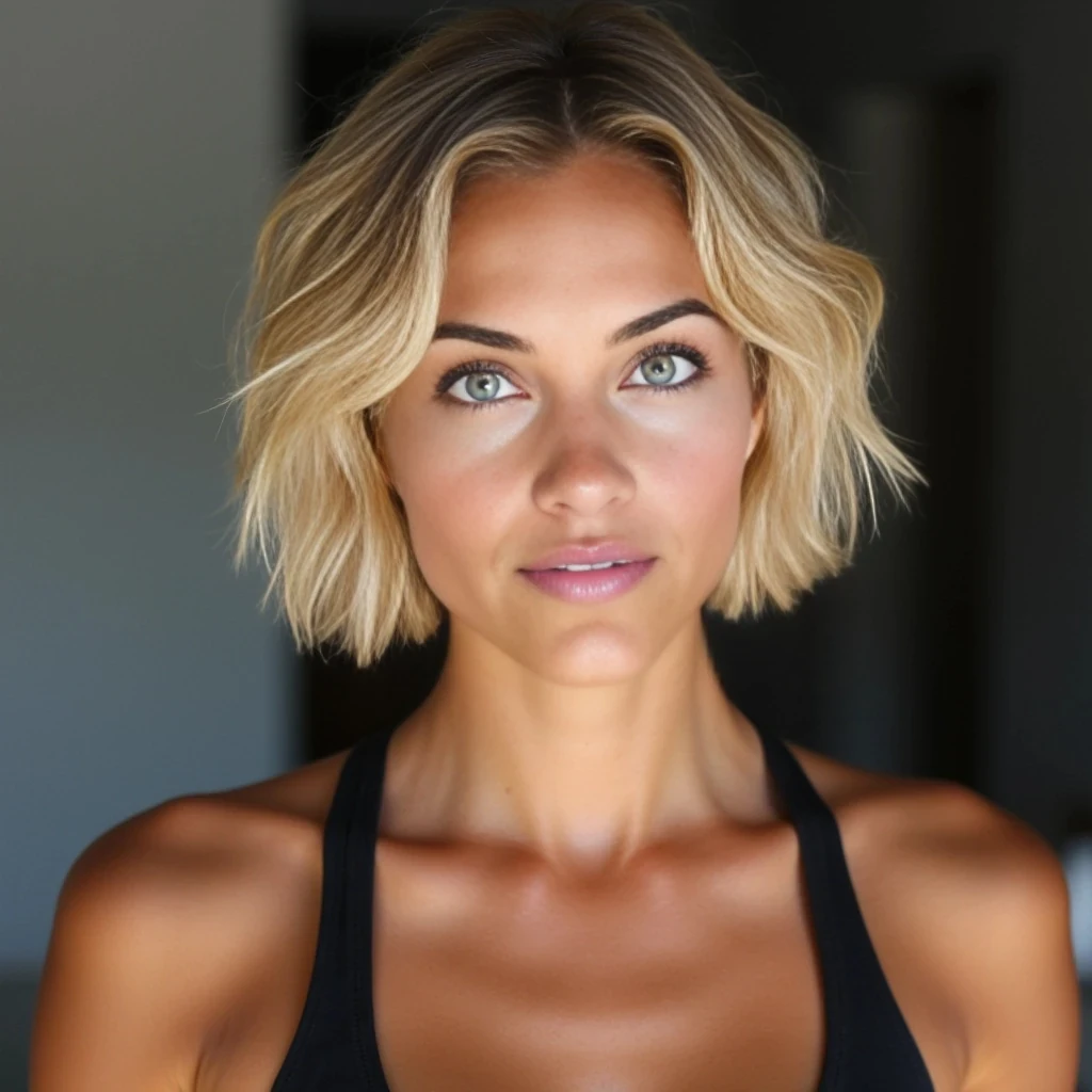 Portraits of a young woman in her late twenties with short blonde wavy hair and green eyes. Athletic, toned and tanned. 