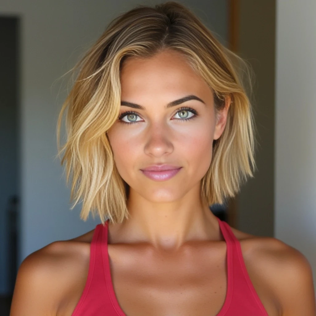 Portraits of a young woman in her late twenties with short blonde wavy hair and green eyes. Athletic, toned and tanned. 