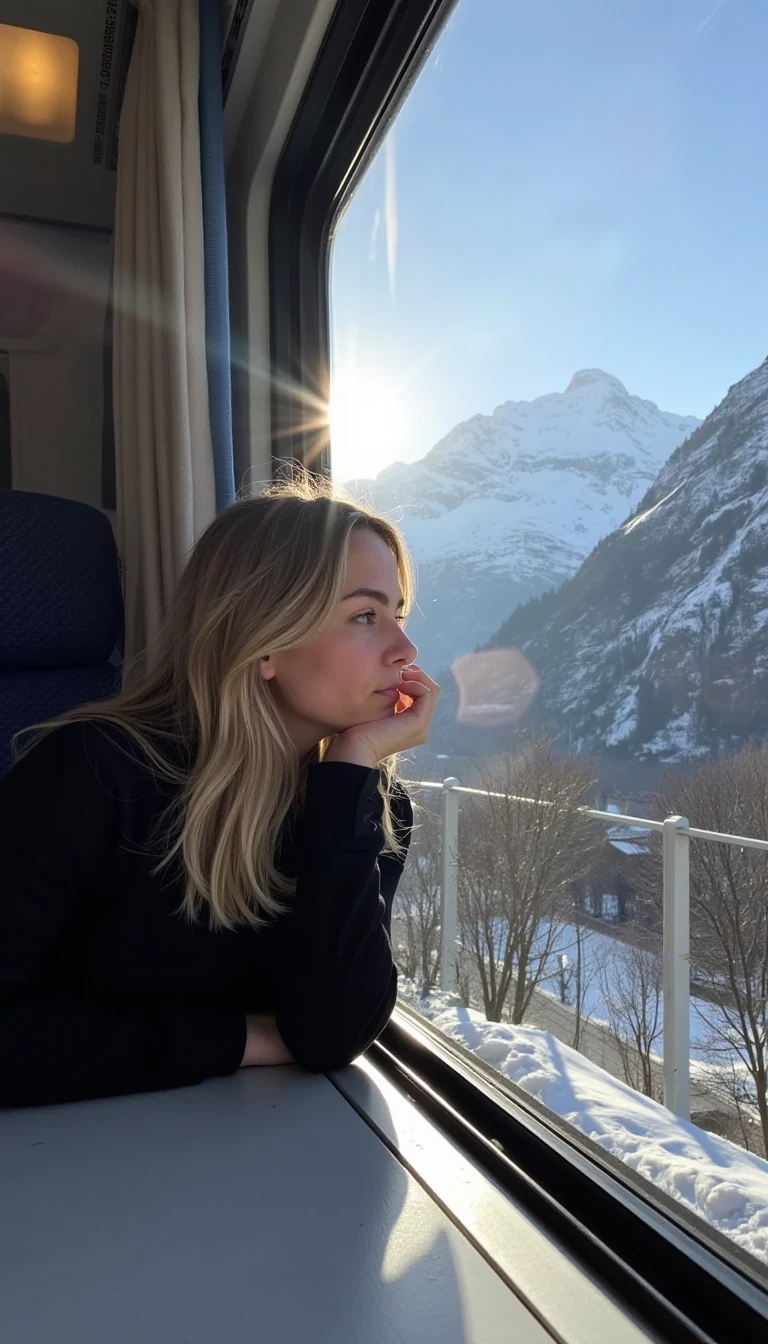 A long range low quality snap chat photo of CSTMDL looking out a train window towards the mountains of Switzerland where we can see her majority of her body and the camera snapping the photo from the opposite side of the other seats, the weather outside is cold but with the sun shining on the mountains peeks but having coverage of snow at the top of the mountain. she has her chin resting on one of her hands and the elbow on the base of the table with her head turned towards the scenery while the beautiful sunlight shines through the window. 