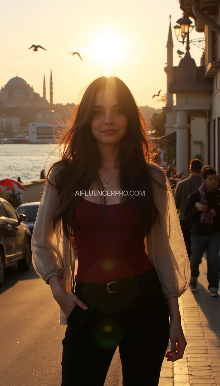 "Beautiful young woman with expressive eyes and flowing dark hair, standing on a historic Istanbul street during golden hour. She wears an elegant outfit blending modern and traditional styles. Warm sunlight highlights her delicate features. The Bosphorus Bridge and mosque domes silhouette the background, with seagulls soaring. A nostalgic, cinematic atmosphere with soft bokeh city lights."