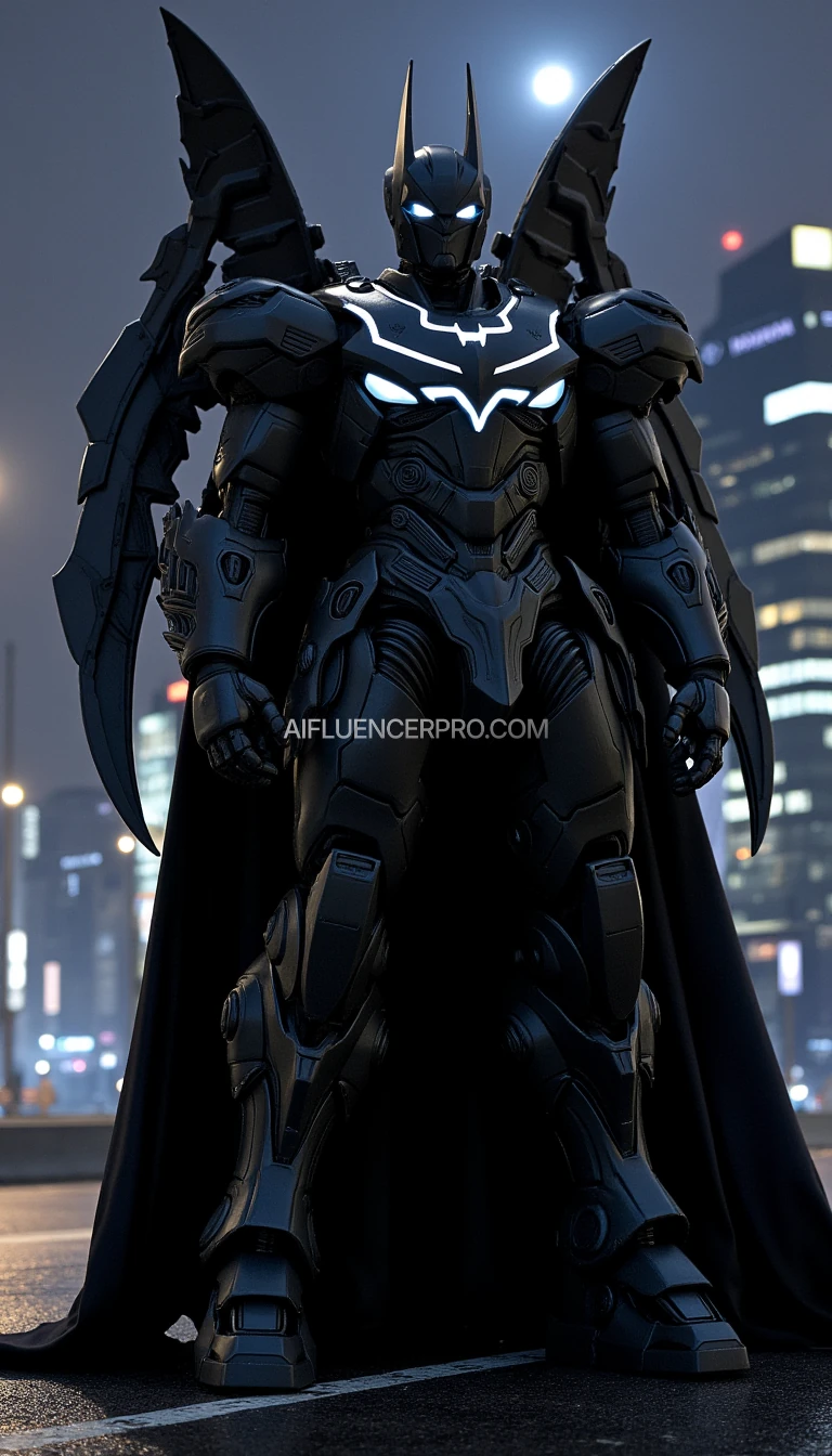 A Gundam robot inspired by Batman, shown full body from head to toe. The armor is matte black with dark gray accents, featuring a glowing bat symbol on its chest. The robot's head resembles Batman's helmet with two sharp, pointed ears. Large mechanical wings on its back mimic bat wings, with intricate mechanical panels and futuristic details. The robot's eyes glow bright white, looking sharp and vigilant. The armor is thick and features detailed mechanical panels, futuristic shield layers, and a flowing robotic black cape that adds dramatic flair. Background shows a futuristic cityscape at night with cinematic lighting, sharp contrast, dramatic shadows
