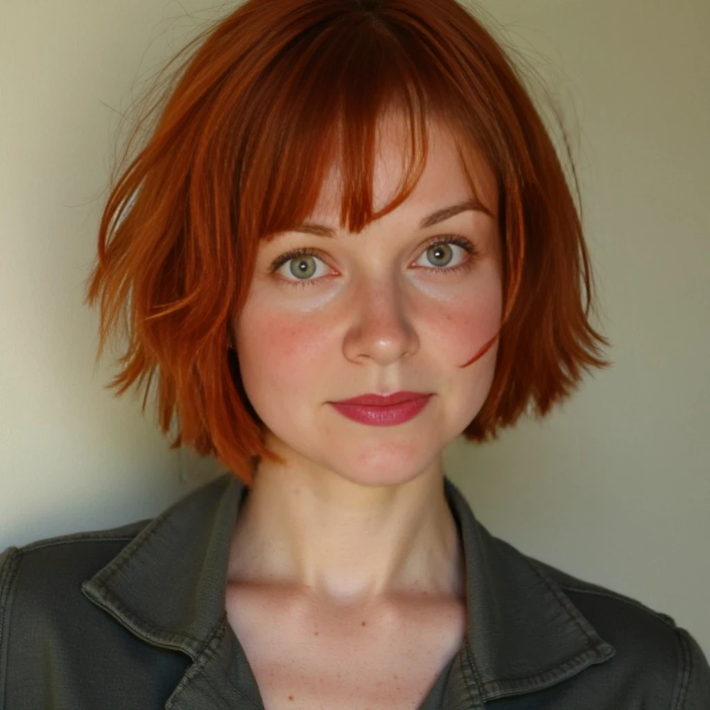 she has short red hair, green eyes, she is 5 foot 6 inches tall, dd breasts, and green eyes, freckles, 145 lbs, her skin is not perfect.