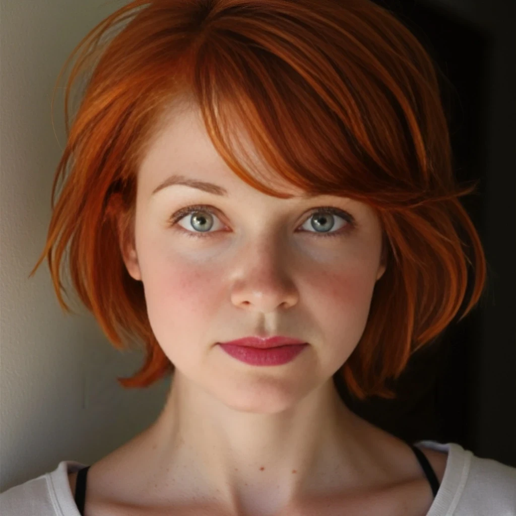 she has short red hair, green eyes, she is 5 foot 6 inches tall, dd breasts, and green eyes, freckles, 145 lbs, her skin is not perfect.