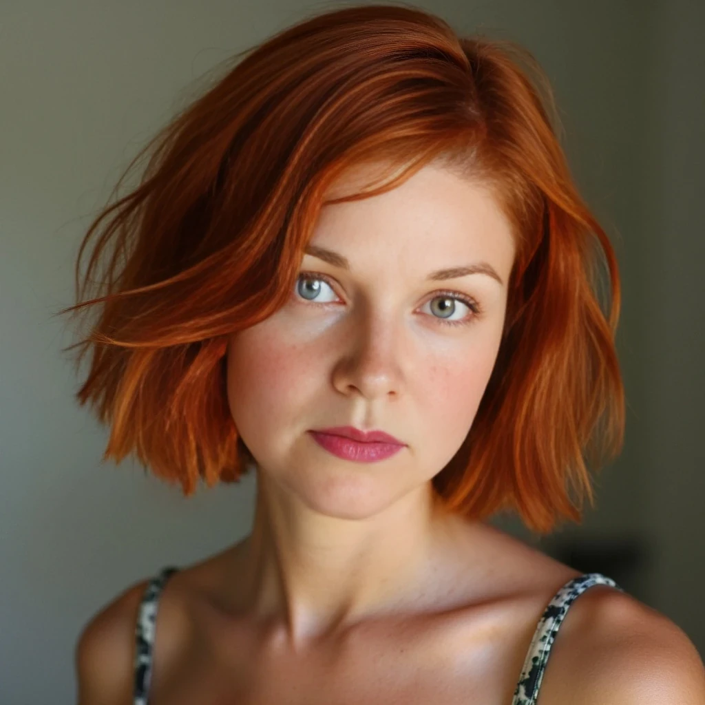 she has short red hair, green eyes, she is 5 foot 6 inches tall, dd breasts, and green eyes, freckles, 145 lbs, her skin is not perfect.