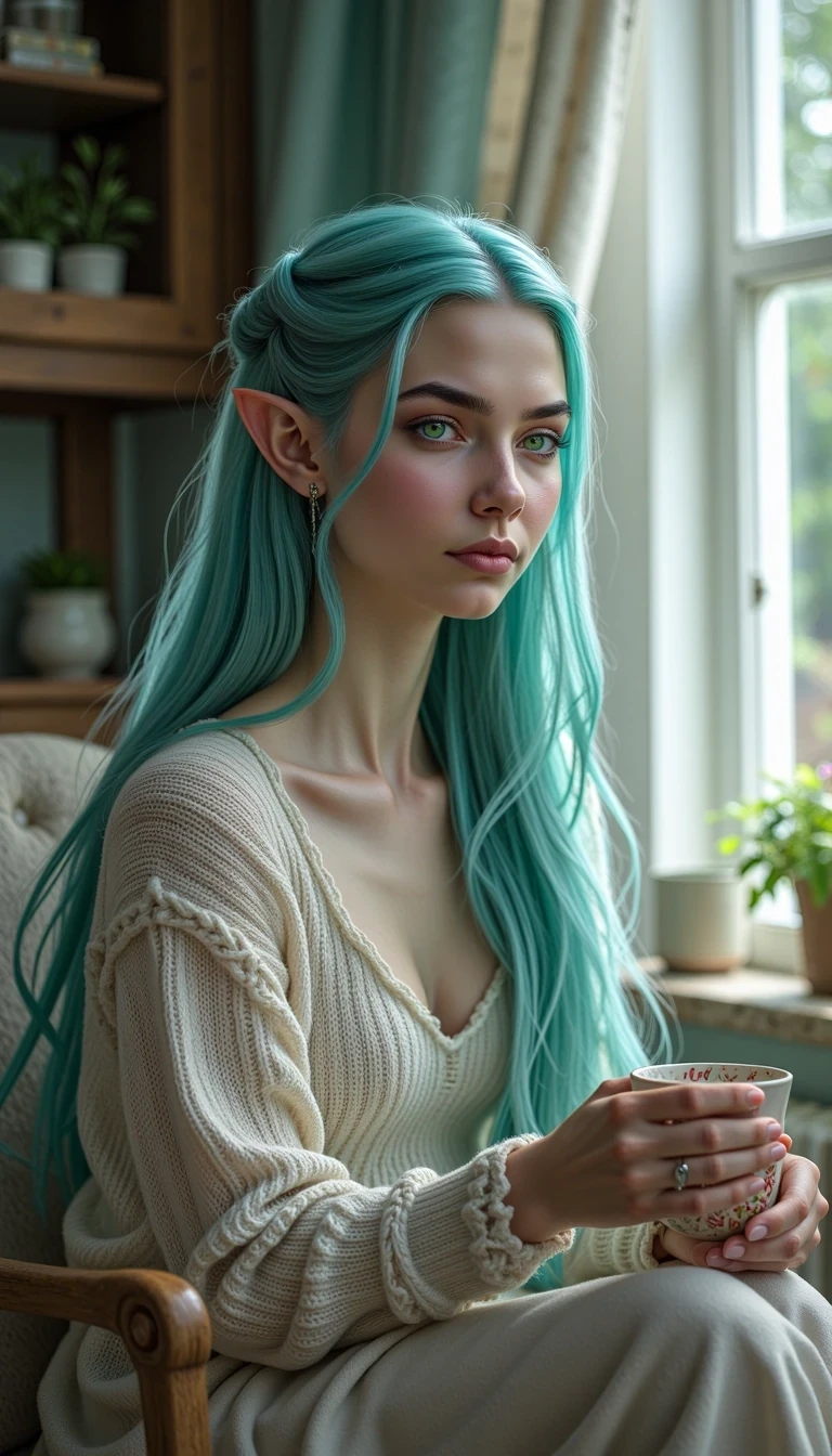 CSTMDL EvelinFaylen fair-skinned young woman with long, vibrant turquoise-silvershining hair parted in the middle, striking deep green eyes, delicate heart-shaped face, high cheekbones, very long and pointed elf ears, soft natural lips, and a gentle, enchanting aura.
A cozy, everyday moment: EvelinFaylen sits by a bright window at home, enjoying a quiet morning. She wears a soft, light sweater and simple pants, her turquoise hair loosely tied back. Her long, pointed elf ears peek out as she sips tea from a delicate cup, her green eyes calm and thoughtful. The scene is bathed in gentle daylight, capturing her natural beauty and peacefulness in a warm, inviting atmosphere.