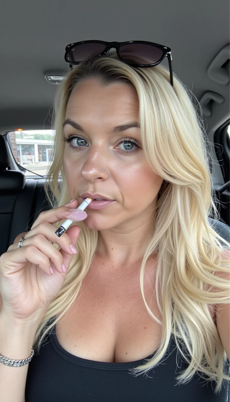 Snapchat-style CSTMDL white woman blonde hair smoking a cigarette 