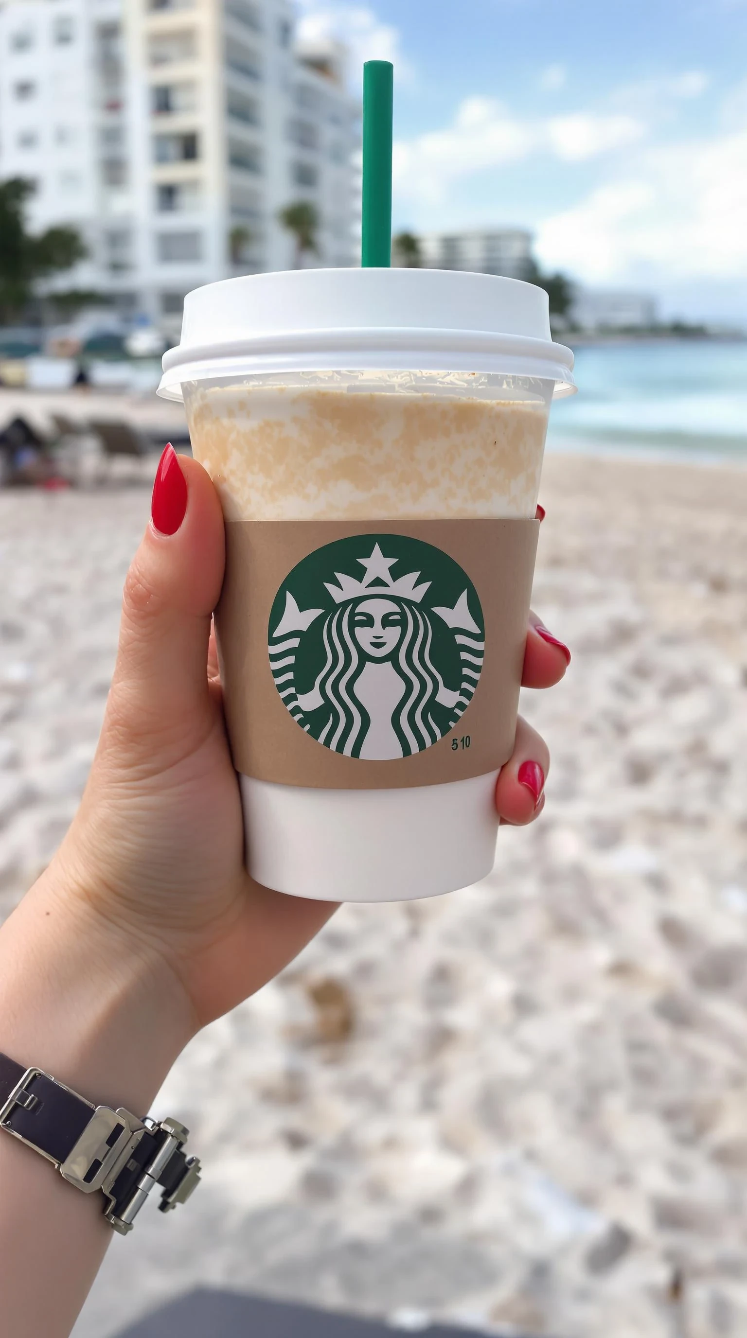 plain girl's hand holding starbuck coffee, red polished nails, at beach in miami,