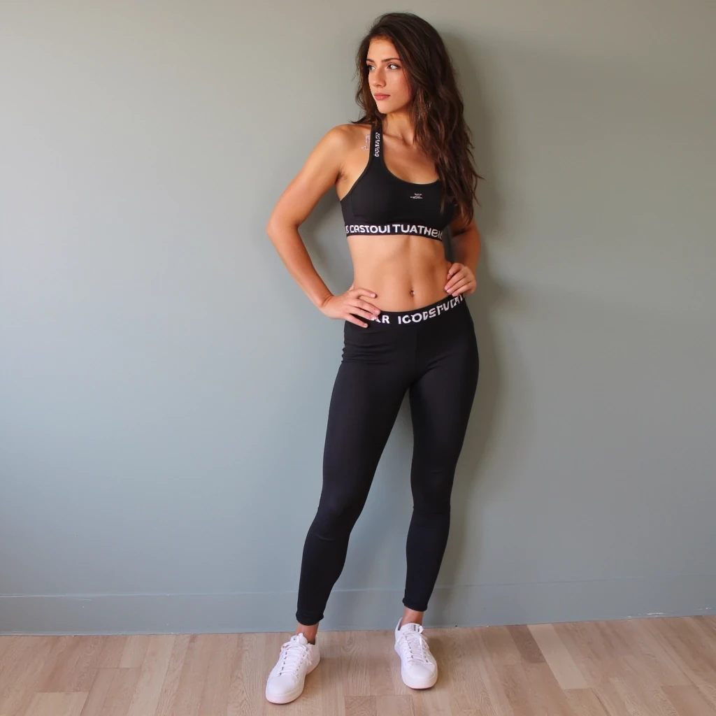cute woman, hot pants, sneakers, sports bra, brunette hair