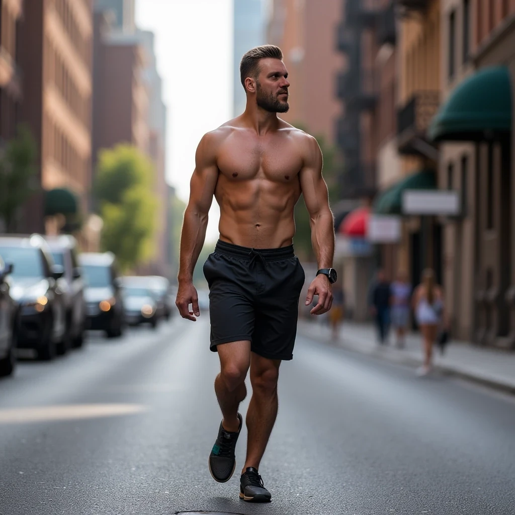Portrait of 35 year old fit man walking on street