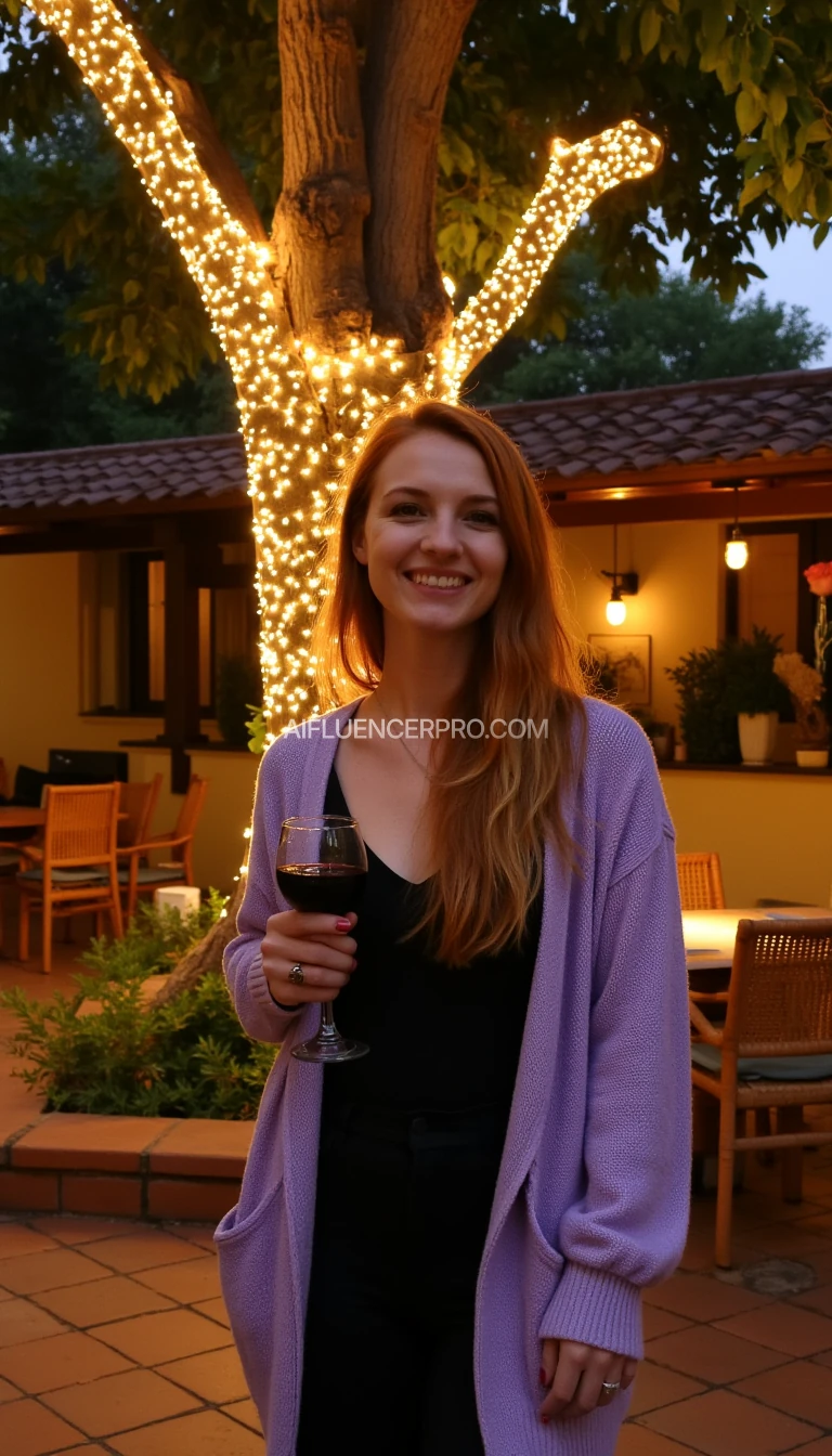 A full body shot photo of a woman standing outdoors at a cozy, warmly lit patio in the evening, with soft, glowing lights wrapped around a tree behind them creating a charming atmosphere. The image is rich in detail, with warm tones and clear textures throughout. The woman has fair skin, a slim build, and long reddish-blonde hair, also worn loose. She is smiling warmly at the camera, holding a glass of red wine in her right hand, and wears a soft-textured lavender cardigan over a black top. The background features a large tree with sparkling string lights wrapped around its trunk and branches, adding a magical touch to the scene. The setting suggests a private outdoor seating area, with elements like terracotta-tiled roofing, greenery, and rattan chairs contributing to a serene, inviting vibe. The overall composition is balanced, with the woman framed against the softly glowing tree, and the lighting enhances the warm, intimate feel of a quiet evening shared among friends. The details are vivid, with textures of clothing, skin, and background elements clearly visible, while the warm lighting creates a relaxed and joyful mood
