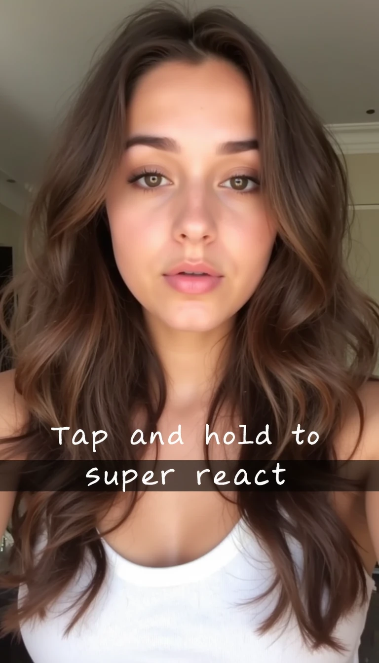 A photograph of a young woman with long, wavy brown hair, fair skin, and full lips. She's wearing a white top, with a blurred background. A text overlay reads "Tap and hold to super react."