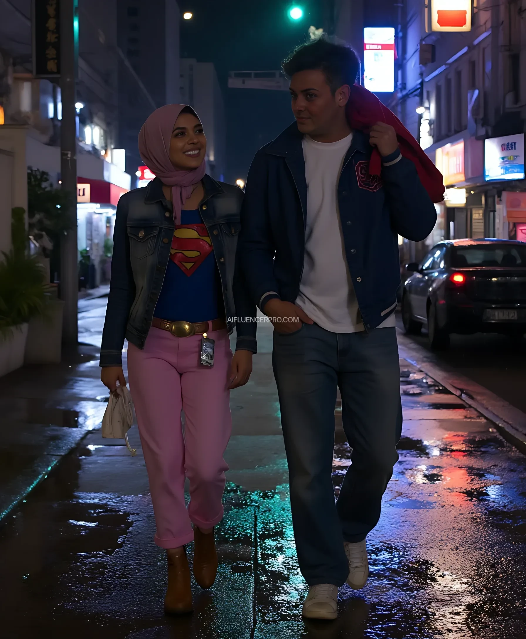 "Photorealistic, hyper-realistic, masterpiece, best quality depiction of a dark, wet city street at night, with heavy rain. Supergirl walks beside her friend. She has a warm, kind face that resembles Melissa Benoist, with the iconic logo' S' is tucked smoothly into her pastel clothes and jeans jacket, with matching trousers and hijab, she smiles warmly as she looks at her "Sundanese male friend" who is wearing a white shirt, blue jacket, and jeans, while holding a red jacket on top. his head as an impromptu umbrella of sparkling city lights, and the puddles create texture and add depth to the overall scene, with glowing reflections and a sense of connection between the two characters."