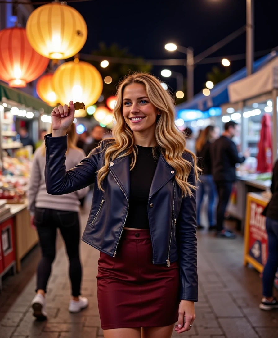 The image is a photograph featuring a young Caucasian woman, CSTMDL, with long, wavy blonde hair, walking through a bustling Durham night market. She wears a form-fitting navy leather jacket and burgundy skirt that contours her silhouette respectfully, pausing with the glowing lantern raised high. Her smile is shy but confident, hair glowing under neon signs, with vibrant market stalls in the background. Highly detailed, 8K, dynamic lighting, urban lifestyle style with deep blues and reds.