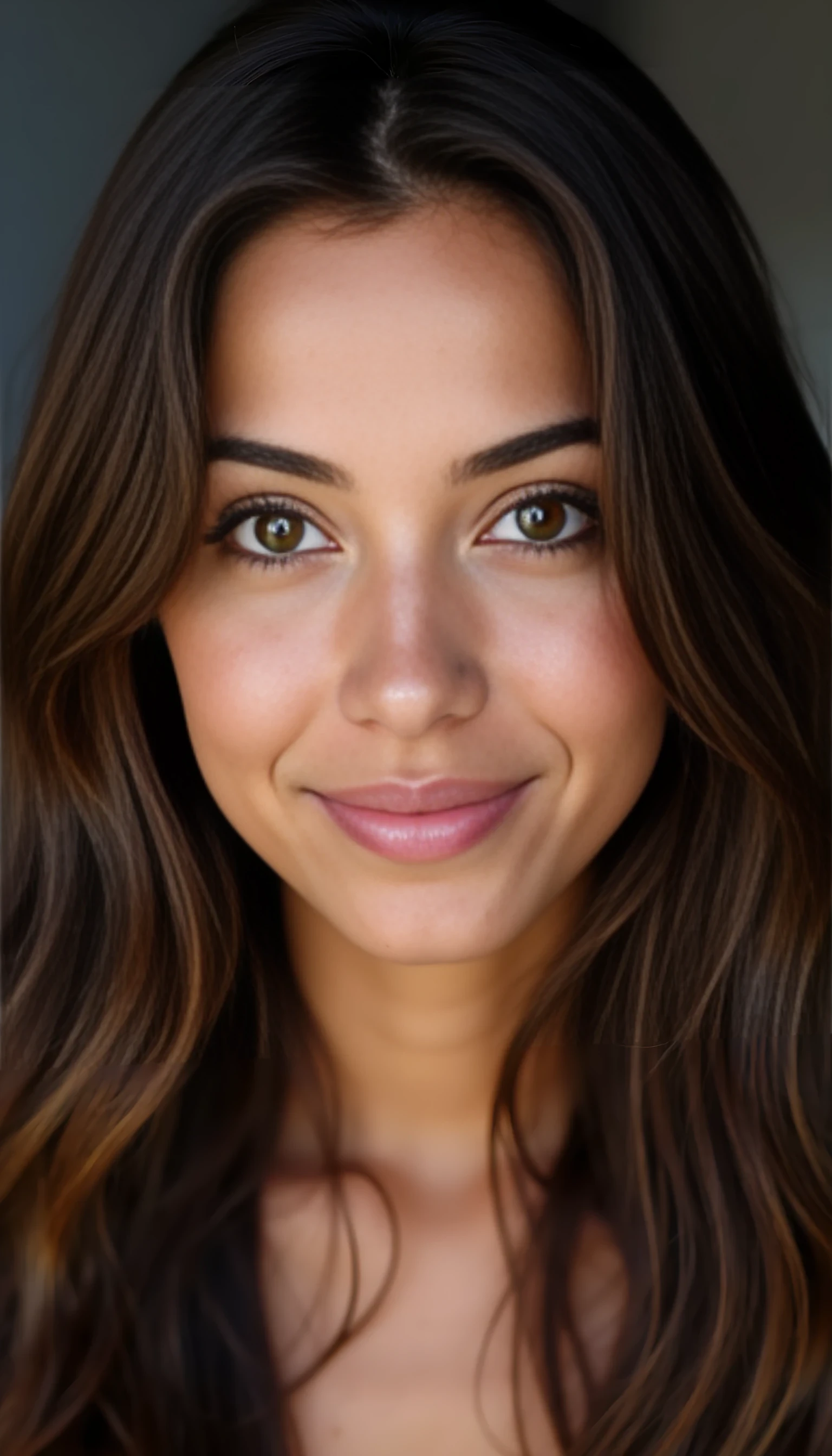 A portrait photo of a beautiful 20 years old model, mixed ethnicity of half white American half Brazilian, with silky brunette hair, amber brown eyes, ultra detailed eyes with sharp iris reflections, slight smile, studio-quality, extremely realistic HD