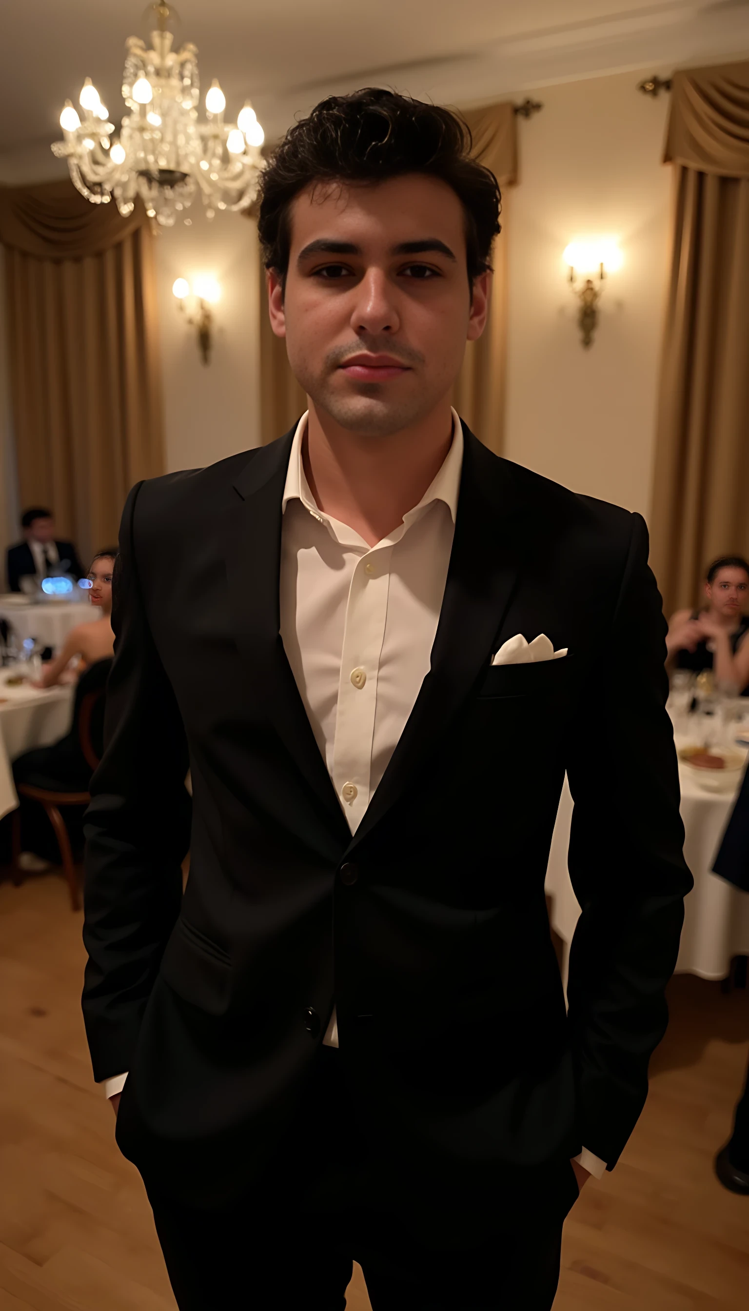 CSTMDL handsome 20 year old man A man standing alone at a luxurious evening party venue, wearing a perfectly tailored dark suit with an open-collar white dress shirt (no tie), one hand casually in his pocket. The elegant space features chandeliers, ambient warm lighting, and opulent décor, but no other people are present in the frame. His posture is relaxed yet poised, facial expression calm and confident, hyper-realistic style with sharp details, soft shadows highlighting the suit’s texture, sophisticated and effortless charm.

