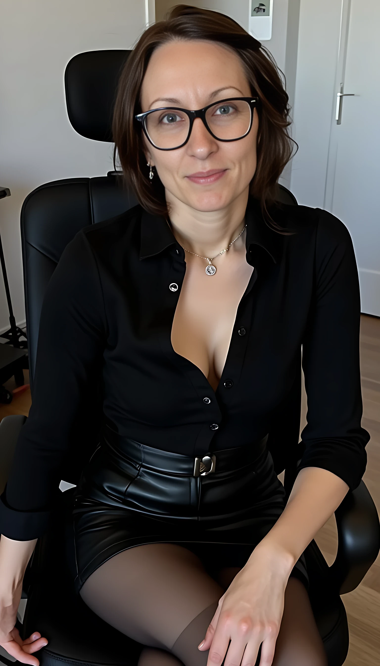 This is a highly detailed photography depicting a woman CSTMDL with fair skin, blue eyes and dark brown hair. She is seated on a black office chair, leaning slightly forward with her right hand resting on her knee and her left hand on the armrest. Her facial expression is calm and slightly contemplative, with her lips slightly parted and eyes looking directly at the viewer. She is wearing large, black-framed glasses that accentuate her delicate features.

Her attire includes a black, long-sleeved blouse that is buttoned up to the top, revealing a hint of cleavage and emphasizing her very large natural breasts. her enormous chest stretches the fabric of her top and molds her feminine shapes. She pairs the blouse with a high-waisted, black leather skirt that hugs her hips and midsection, accentuating her thin and athletic but yet curvy and plain feminine curves figure. The skirt is fastened with a black belt, adding to the sleek, professional look. She wears what appears to be thin, transparent black stockings. The stockings are attached with a garter belt whose only the fastener can be seen. she wears black high heels with red sole and heel. She also wears large, dangling earrings that add a touch of elegance to her appearance.

In the background, there is a white desk with a computer monitor and a pile of books and papers, indicating an office setting. The lighting in the image is soft, creating a warm and inviting atmosphere. The overall style of the artwork is realistic with a slight touch of hyper-realism, capturing fine details and textures with precision.
Photo (medium).