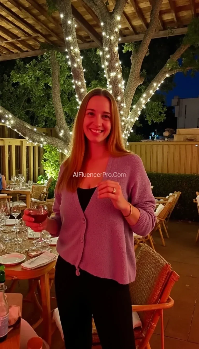 A full body shot photo of a woman standing outdoors at a cozy, warmly lit patio in the evening, with soft, glowing lights wrapped around a tree behind them creating a charming atmosphere. The image is rich in detail, with warm tones and clear textures throughout. The woman has fair skin, a slim build, and long reddish-blonde hair, also worn loose. She is smiling warmly at the camera, holding a glass of red wine in her right hand, and wears a soft-textured lavender cardigan over a black top. The background features a large tree with sparkling string lights wrapped around its trunk and branches, adding a magical touch to the scene. The setting suggests a private outdoor seating area, with elements like terracotta-tiled roofing, greenery, and rattan chairs contributing to a serene, inviting vibe. The overall composition is balanced, with the woman framed against the softly glowing tree, and the lighting enhances the warm, intimate feel of a quiet evening shared among friends. The details are vivid, with textures of clothing, skin, and background elements clearly visible, while the warm lighting creates a relaxed and joyful mood
