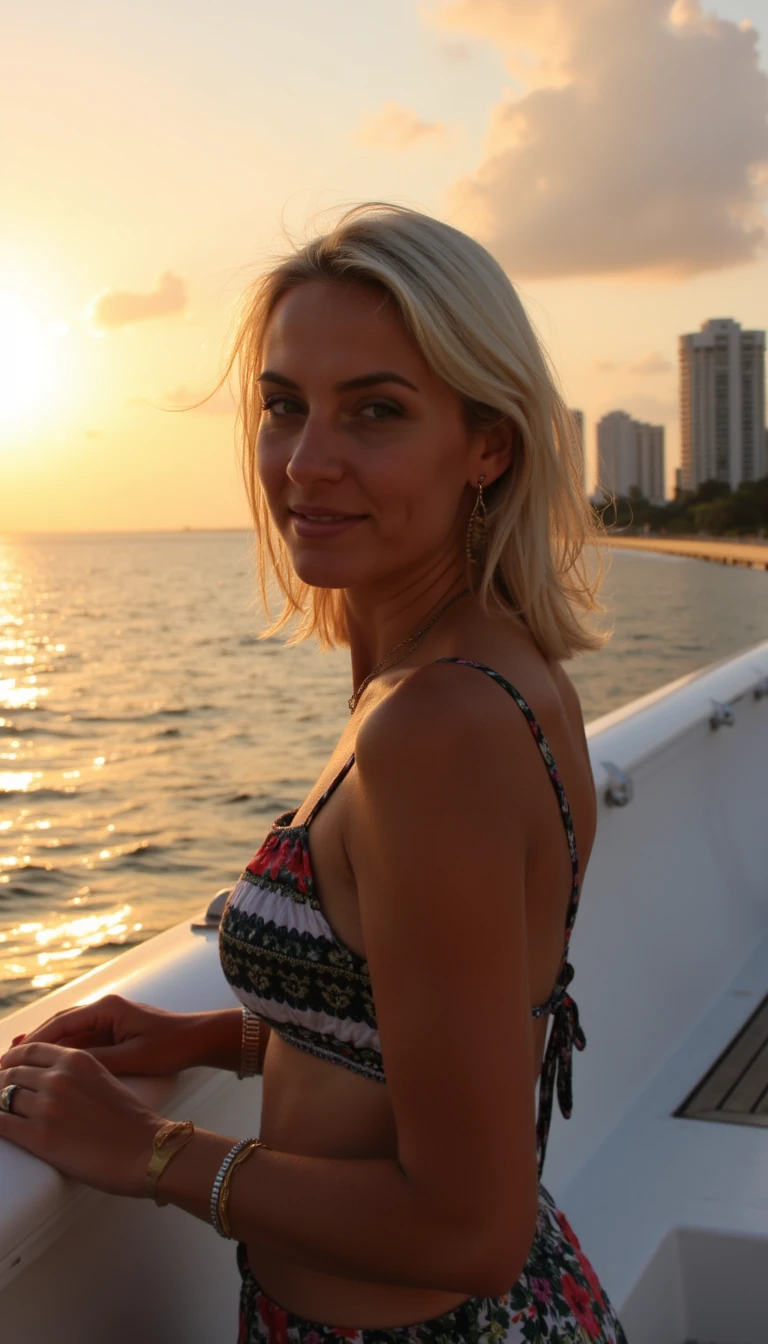 generate a photo of a blonde woman on a yacht with the background being miami during a sunset, do not blur the background