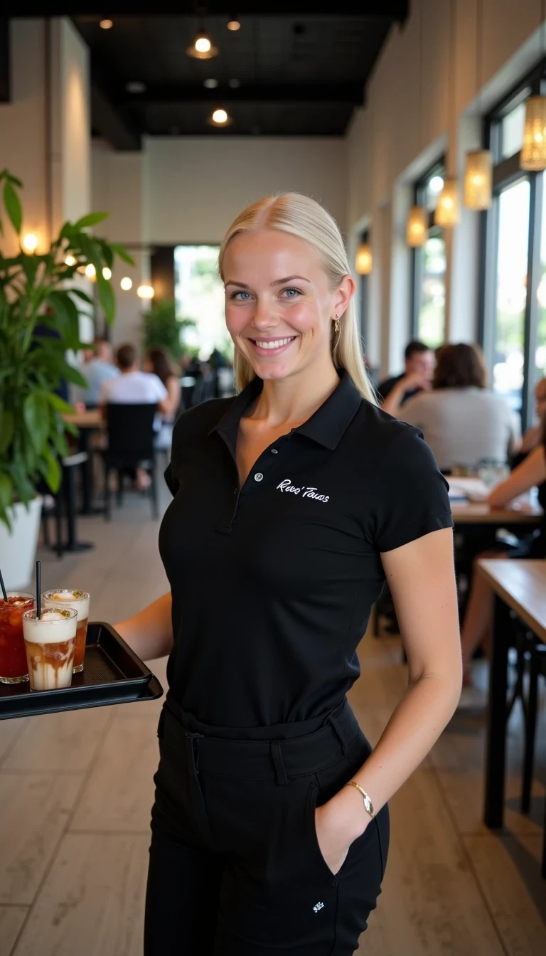 CSTMDL, Hailey, photorealistic portrait of a young woman in her early 20s with fair porcelain skin, smooth complexion, subtle natural makeup with soft pink lips and light eyeliner, straight blonde hair tied back in a neat ponytail, bright blue eyes sparkling with warmth, friendly genuine smile revealing straight white teeth, confident and approachable demeanor, gazing directly at the viewer with engaging eye contact; she is wearing a fitted black short-sleeved polo shirt with a small embroidered logo on the chest reading "Rocco's Tacos" in white lettering, tucked into slim black pants, no visible accessories; she is holding a black tray balanced on her right hand, the tray featuring a 3 different drinks in glasses; set in a modern upscale cafe interior with high ceilings, large floor-to-ceiling windows allowing soft diffused natural daylight to flood in from the right side, creating gentle highlights and soft shadows on her face and clothing, warm ambient hanging pendant lights with golden glow in the background; background details include a tall green potted plant with broad leaves to the left, patrons seated at wooden tables including a man in a beige shirt facing away, another in gray chatting, and a woman in a black tank top with long brown hair; dominant colors are neutral blacks and grays with pops of green foliage, warm wood tones, and red accents from the food; overall welcoming and lively casual dining atmosphere, evoking freshness and hospitality; composition is a medium close-up shot from a slight low angle to emphasize approachability, framed centrally with balanced symmetry, captured with a Canon EOS 5D Mark IV camera using a 50mm prime lens at f/2.8 aperture for shallow depth of field, ISO 100 for crisp details, natural window lighting supplemented by soft indoor LEDs at 4000K color temperature, hyper-realistic textures like the soft cotton weave of the polo shirt, and smooth skin pores; ultra-detailed, hyperrealism, photorealistic rendering indistinguishable from a high-resolution photograph, 8k resolution, sharp focus on the woman and plate with bokeh background.