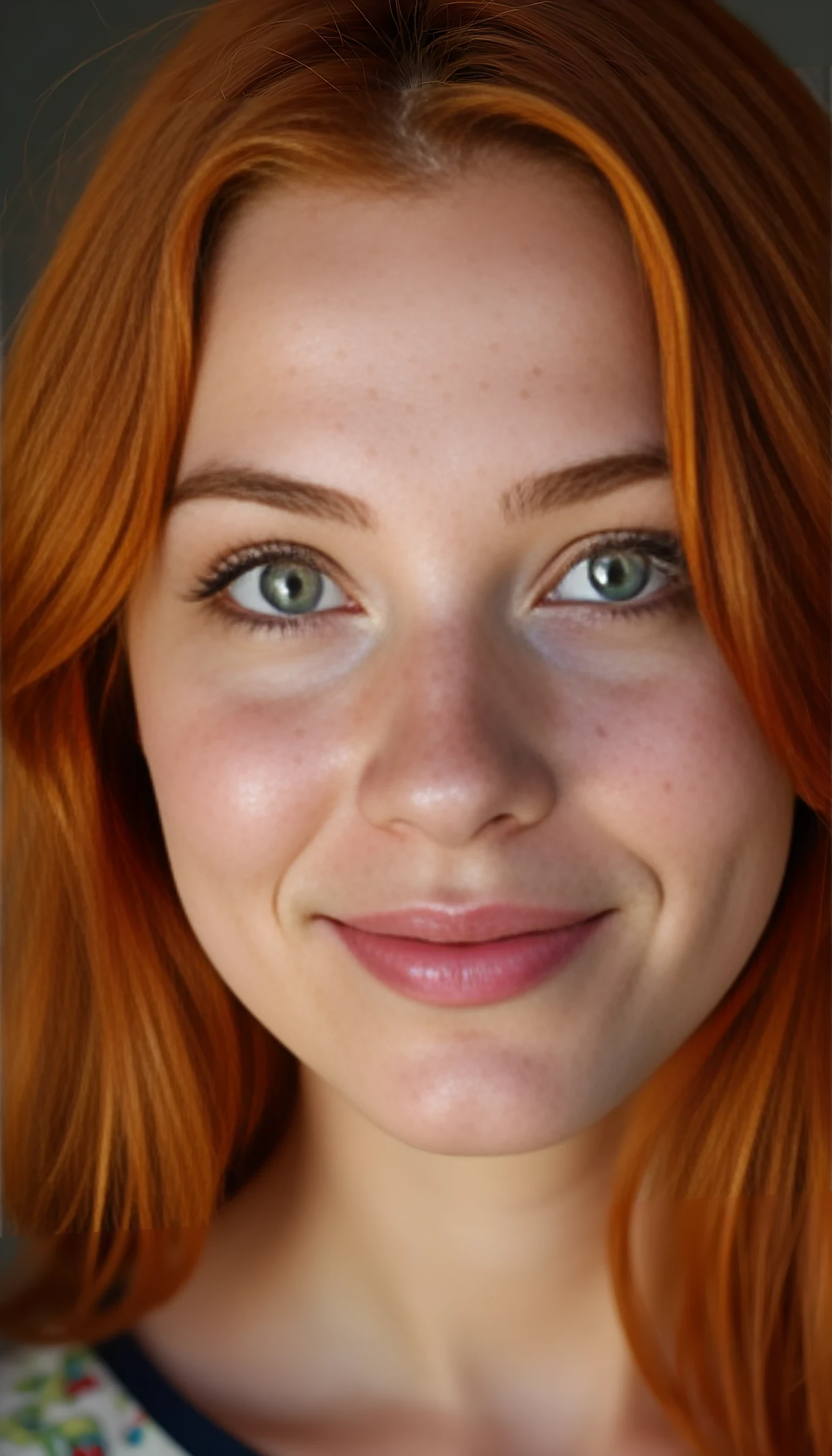 A portrait photo of a beautiful 20 years old model, mixed ethnicity of half white American half Brazilian, with soft red hair, emerald green eyes, light freckles across her nose, ultra detailed eyes with sharp iris reflections, slight smile, studio-quality, extremely realistic HD