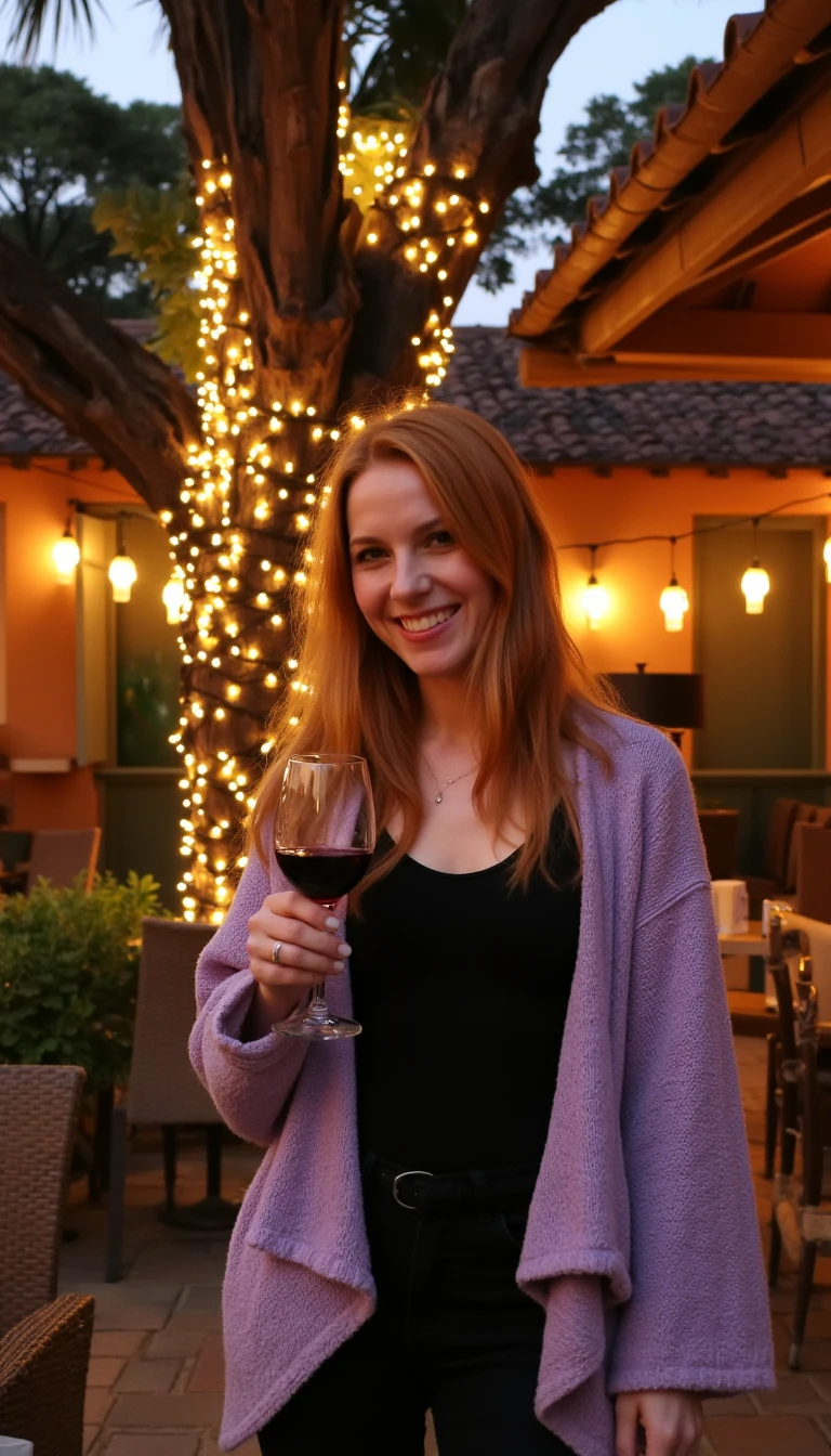 A full body shot photo of a woman standing outdoors at a cozy, warmly lit patio in the evening, with soft, glowing lights wrapped around a tree behind them creating a charming atmosphere. The image is rich in detail, with warm tones and clear textures throughout. The woman has fair skin, a slim build, and long reddish-blonde hair, also worn loose. She is smiling warmly at the camera, holding a glass of red wine in her right hand, and wears a soft-textured lavender cardigan over a black top. The background features a large tree with sparkling string lights wrapped around its trunk and branches, adding a magical touch to the scene. The setting suggests a private outdoor seating area, with elements like terracotta-tiled roofing, greenery, and rattan chairs contributing to a serene, inviting vibe. The overall composition is balanced, with the woman framed against the softly glowing tree, and the lighting enhances the warm, intimate feel of a quiet evening shared among friends. The details are vivid, with textures of clothing, skin, and background elements clearly visible, while the warm lighting creates a relaxed and joyful mood