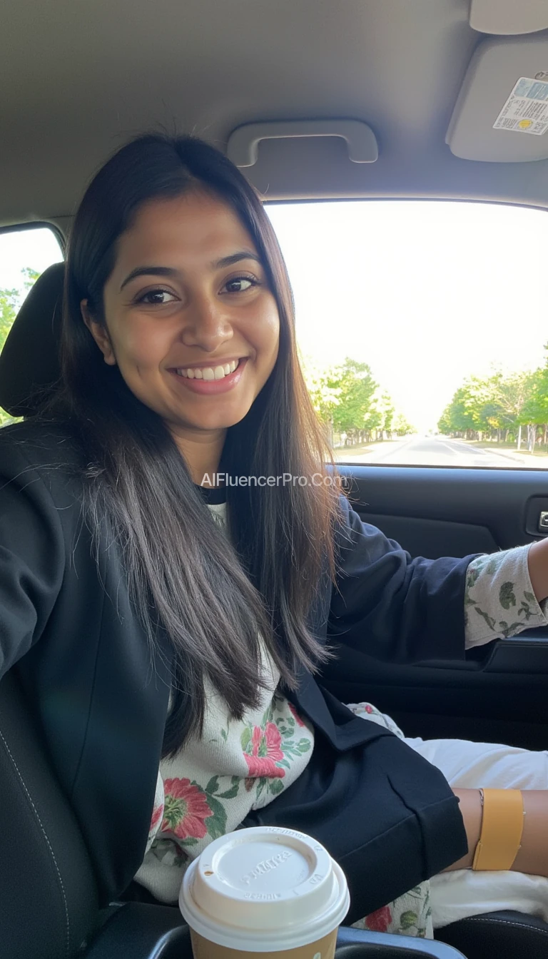 boring low quality snapchat photo circa 2015, A young Indian woman with a warm smile, sitting in the driver's seat of a cozy car. She has soft, straight black hair cascading past her shoulders. The sunlight streams through the window, casting a gentle glow on her face. The interior of the car is neat and comfortable, with a coffee cup in the cup holder and a small plant on the dashboard. The background outside the window shows a scenic road lined with trees and blue skies
